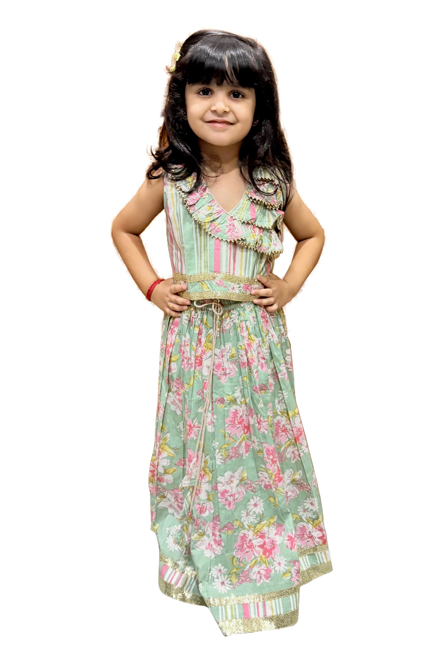 Twisha Cotton Sleeveless All Over Prined Top with Lehenga - Olive Green & Pink