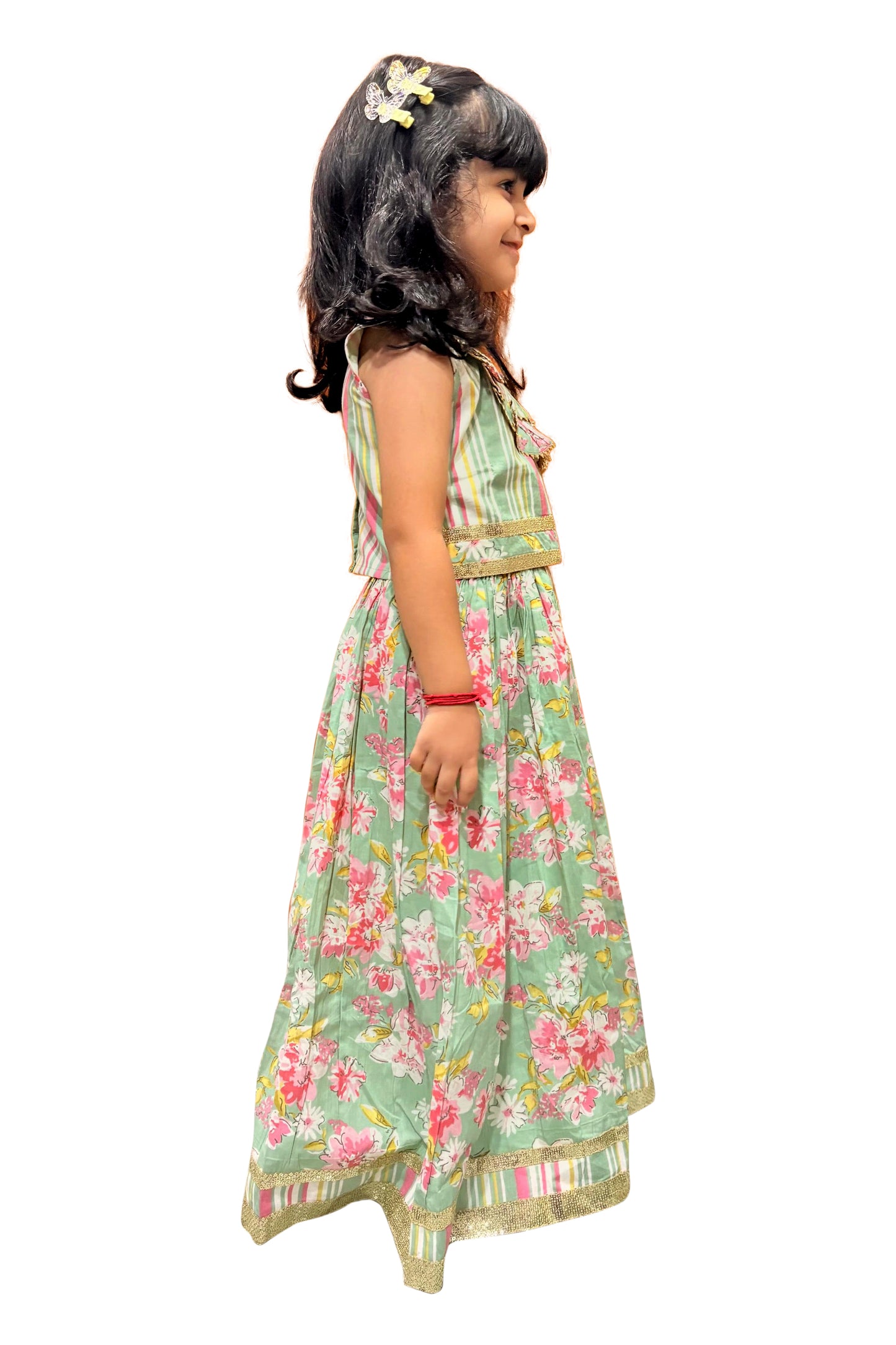 Twisha Cotton Sleeveless All Over Prined Top with Lehenga - Olive Green & Pink