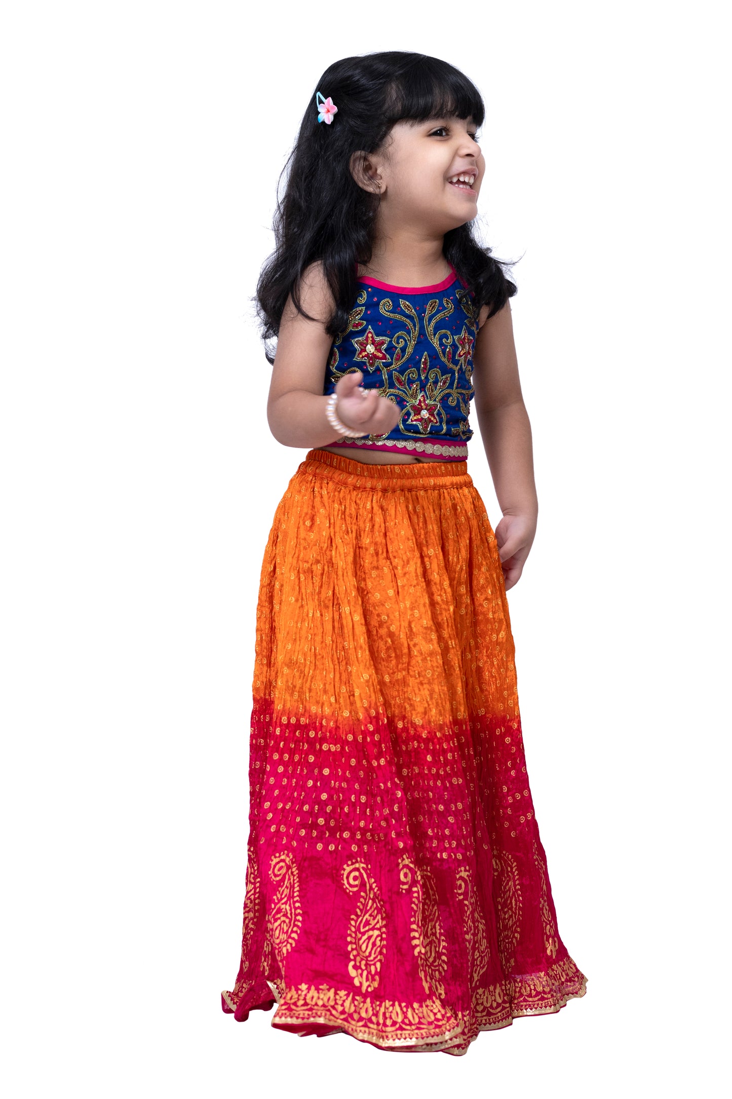 Twisha Sleeveless Embroidered Top with Crushed Lehenga -Blue & Orange