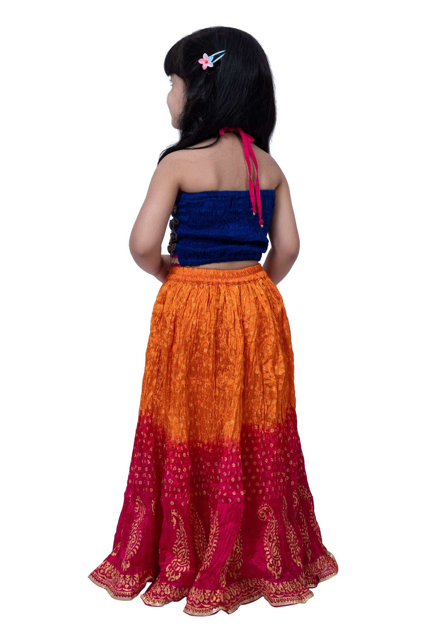 Twisha Sleeveless Embroidered Top with Crushed Lehenga -Blue & Orange