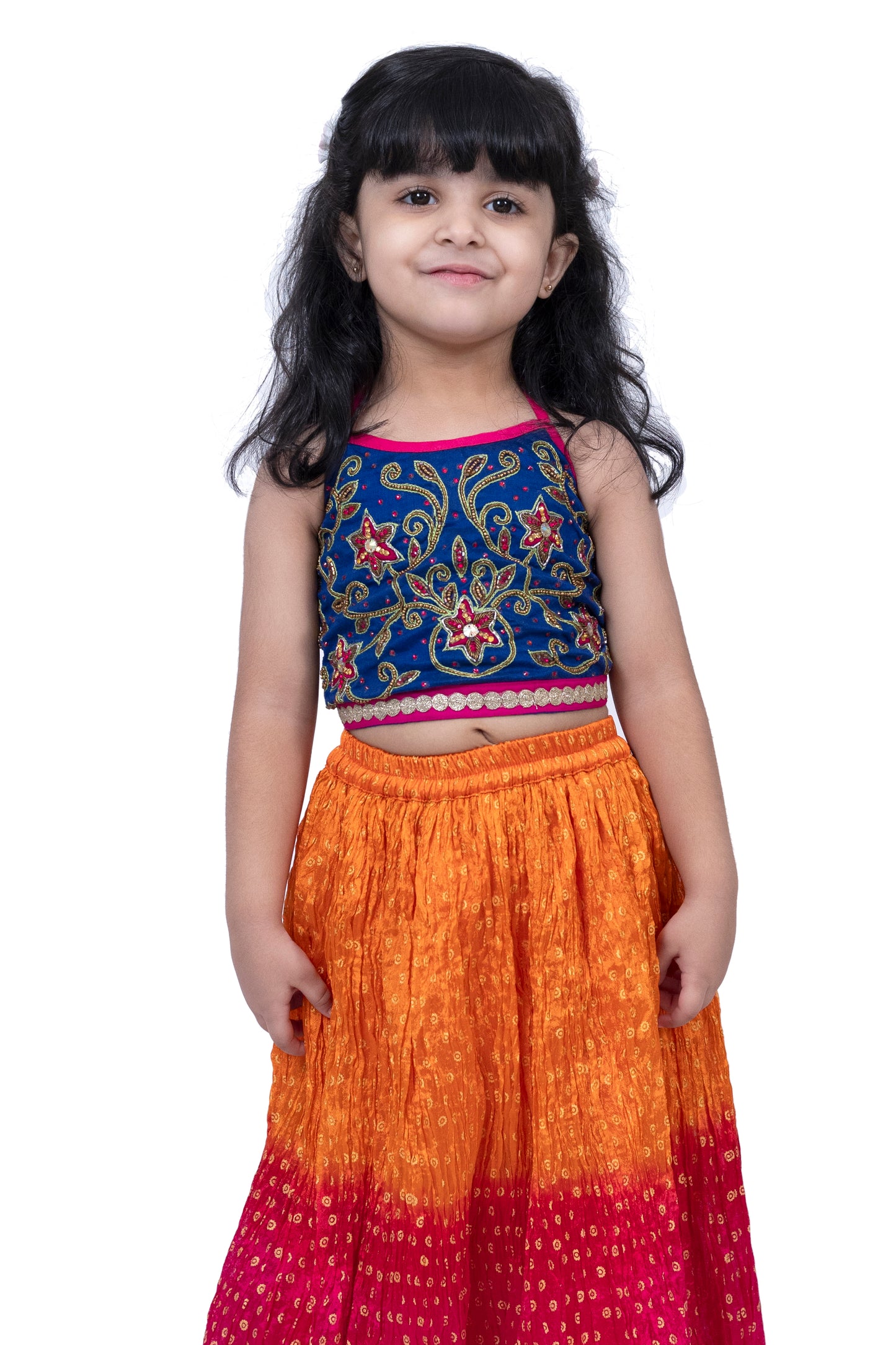 Twisha Sleeveless Embroidered Top with Crushed Lehenga -Blue & Orange