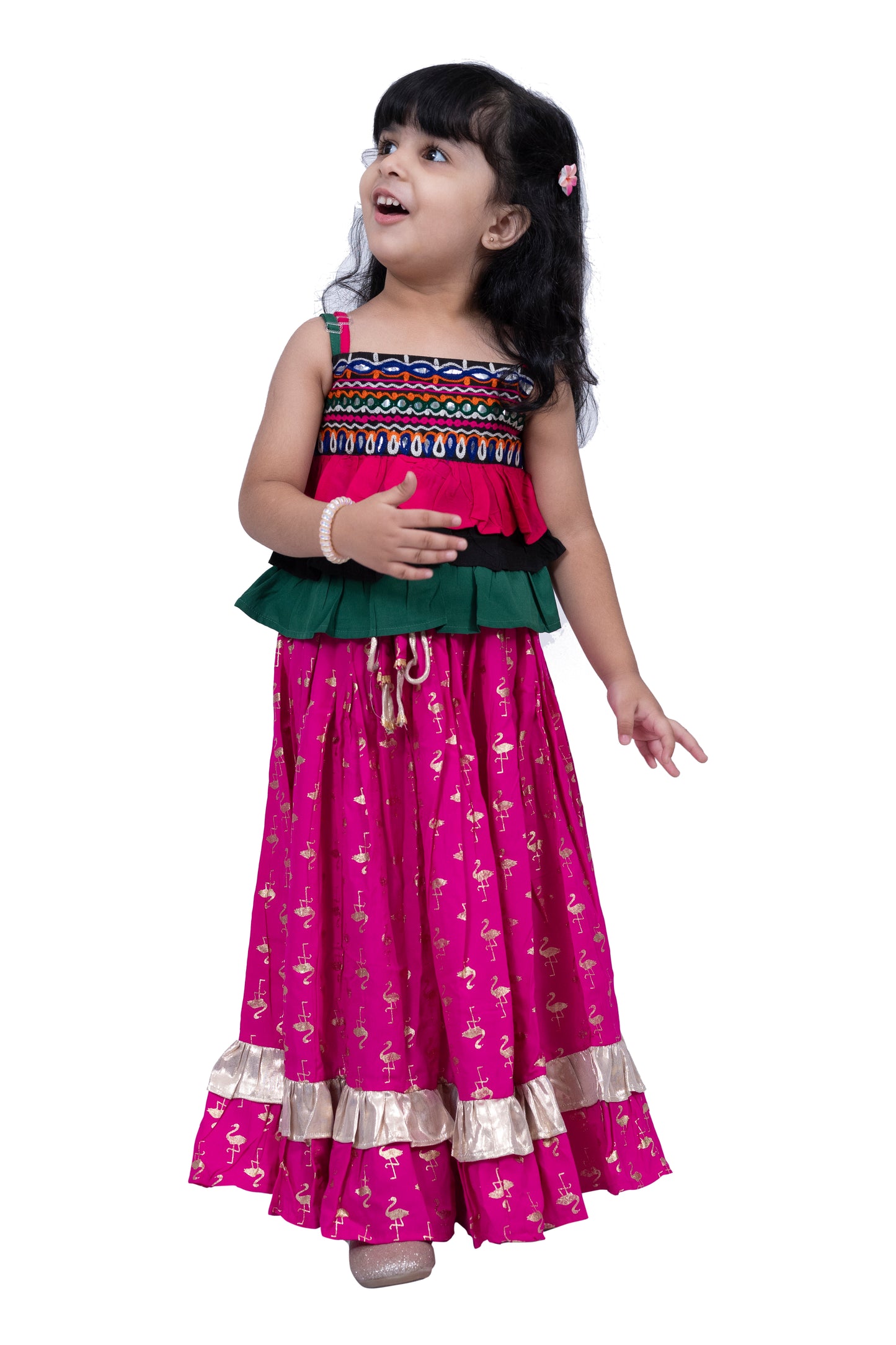 Twisha Sleeveless Embroidered Top with Lehenga -Black & Pink