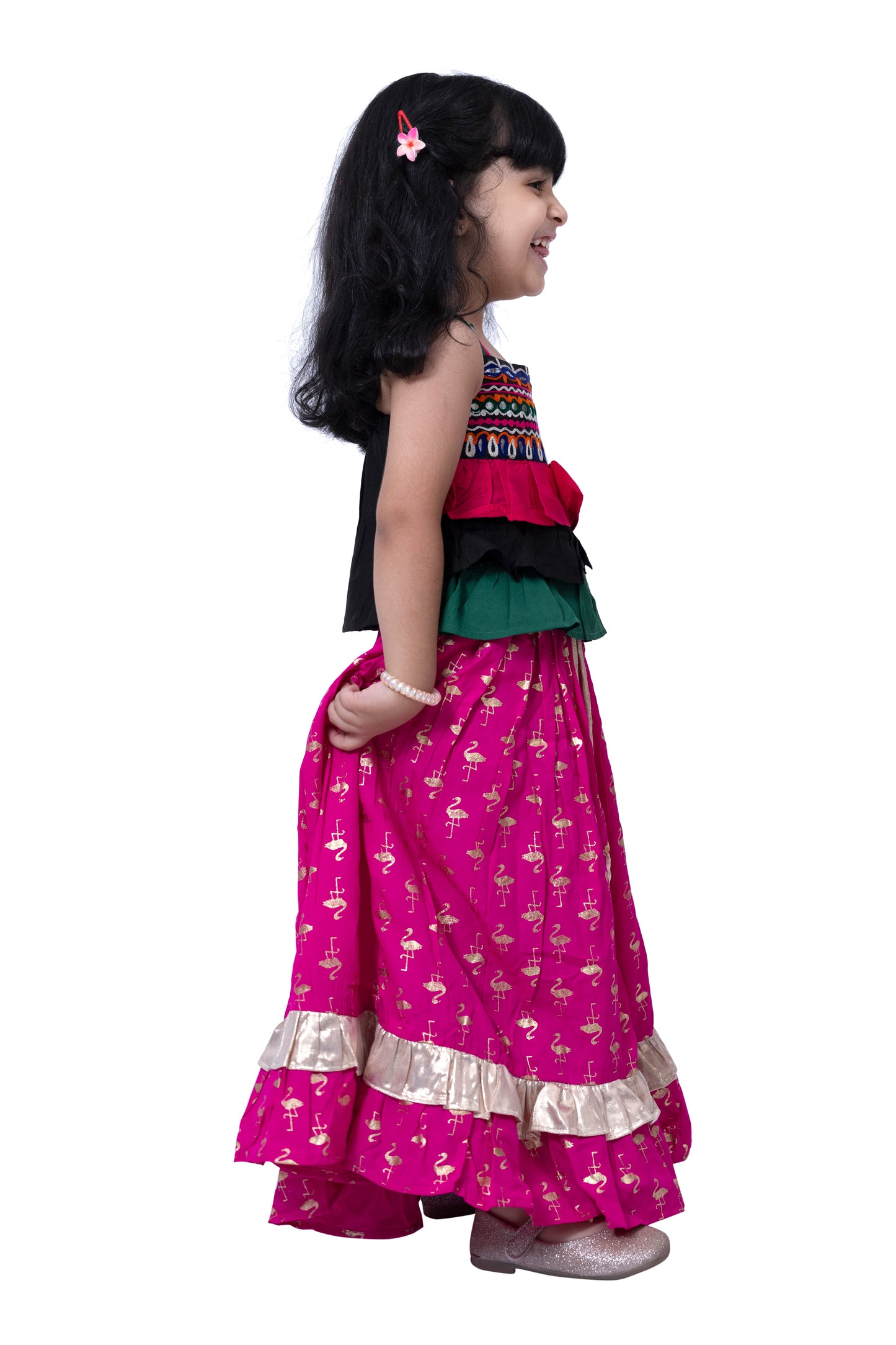 Twisha Sleeveless Embroidered Top with Lehenga -Black & Pink