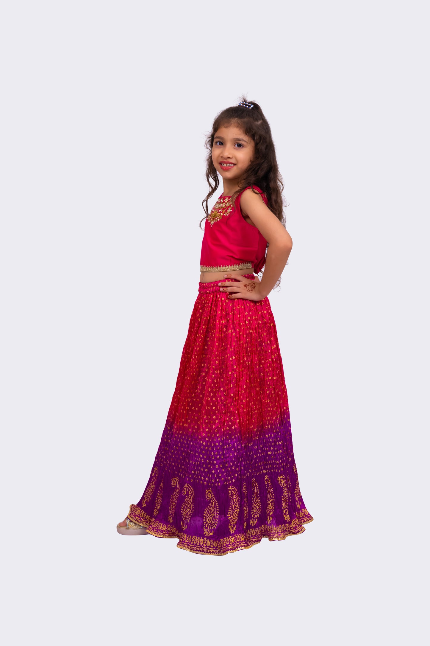 Twisha Sleeveless Embroidered Top with Lehenga -Pink & Purple