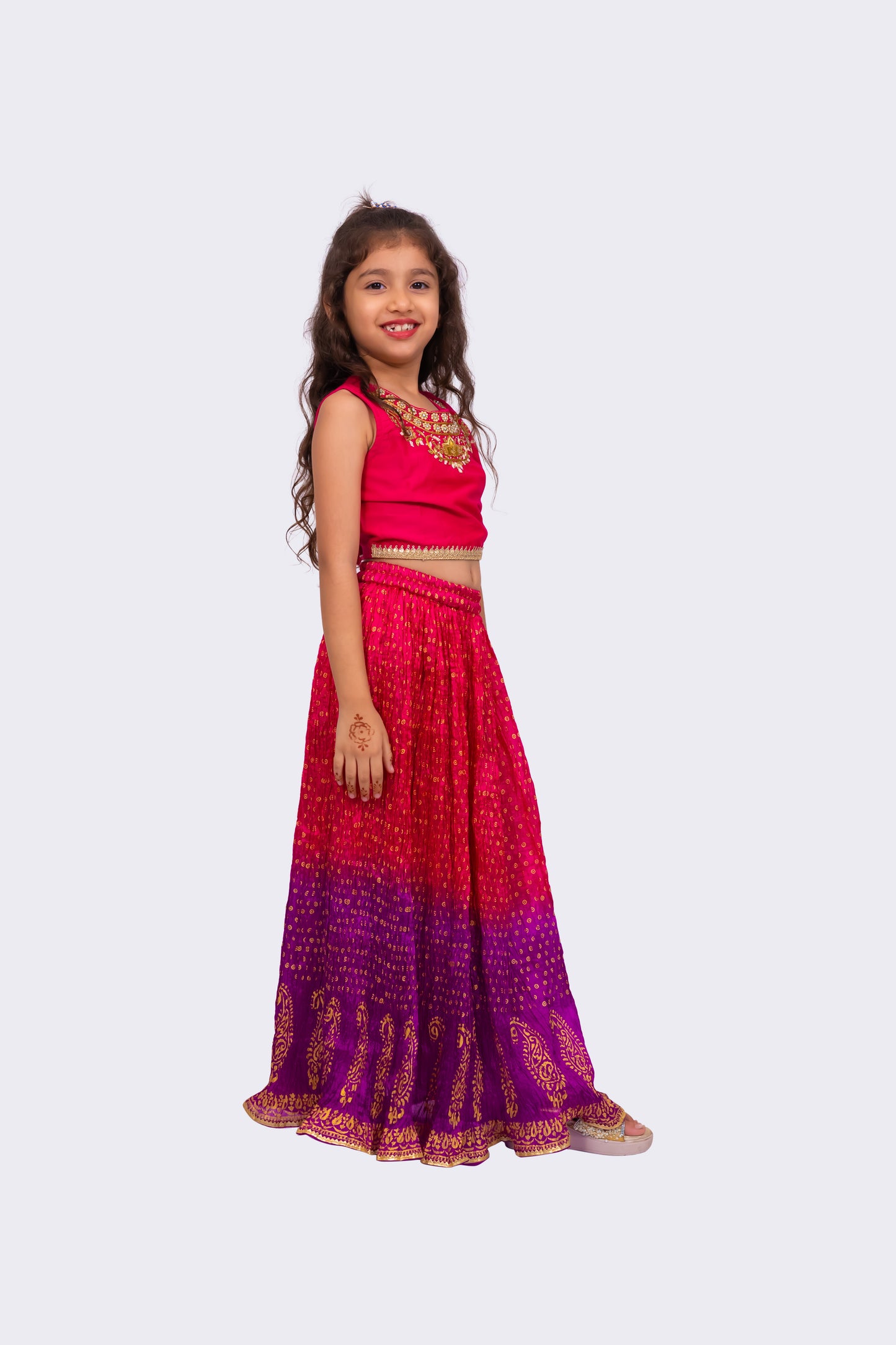 Twisha Sleeveless Embroidered Top with Lehenga -Pink & Purple