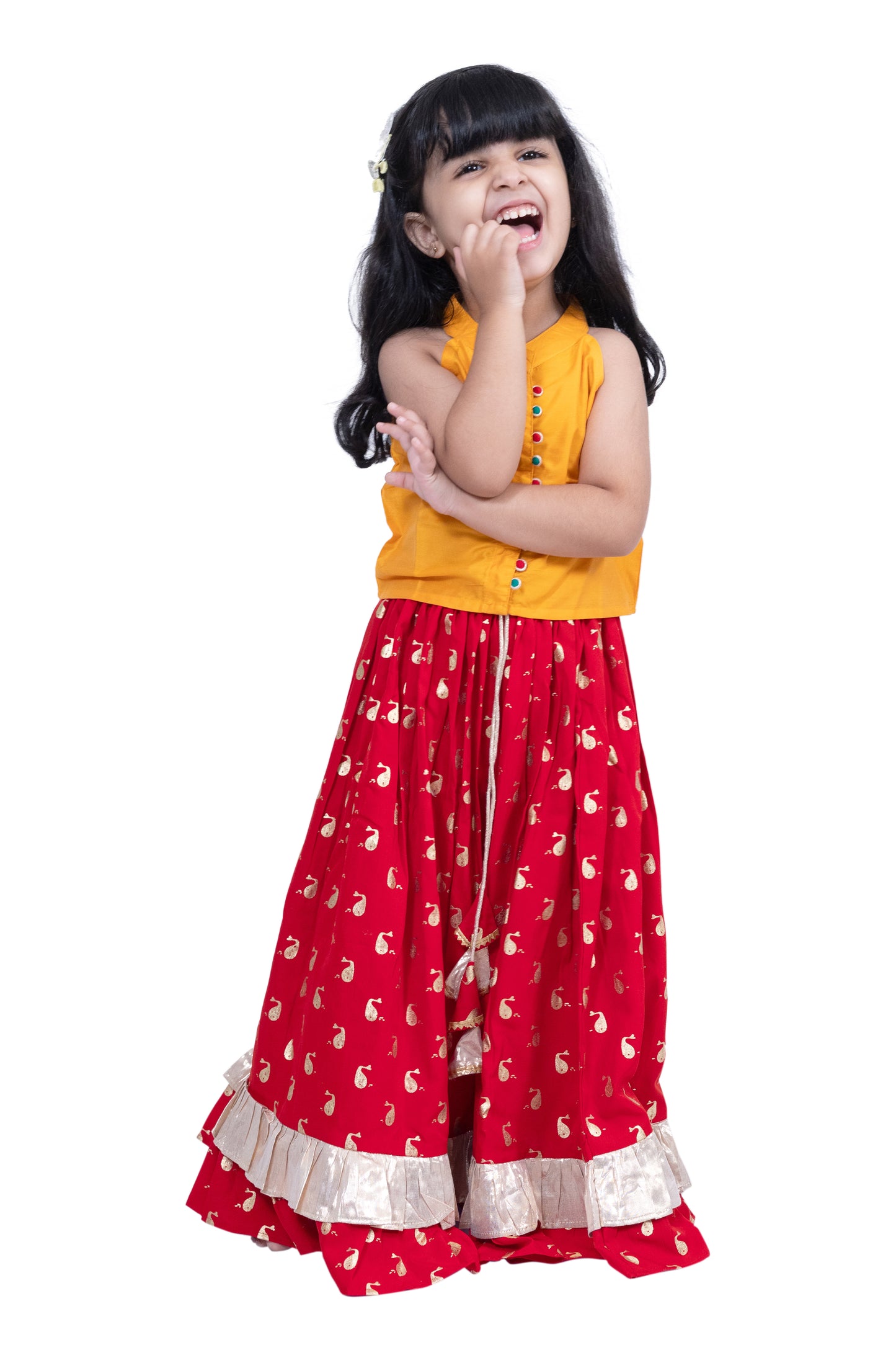 Twisha Sleevless Solid Top With Printed Lehenga - Yellow & Red