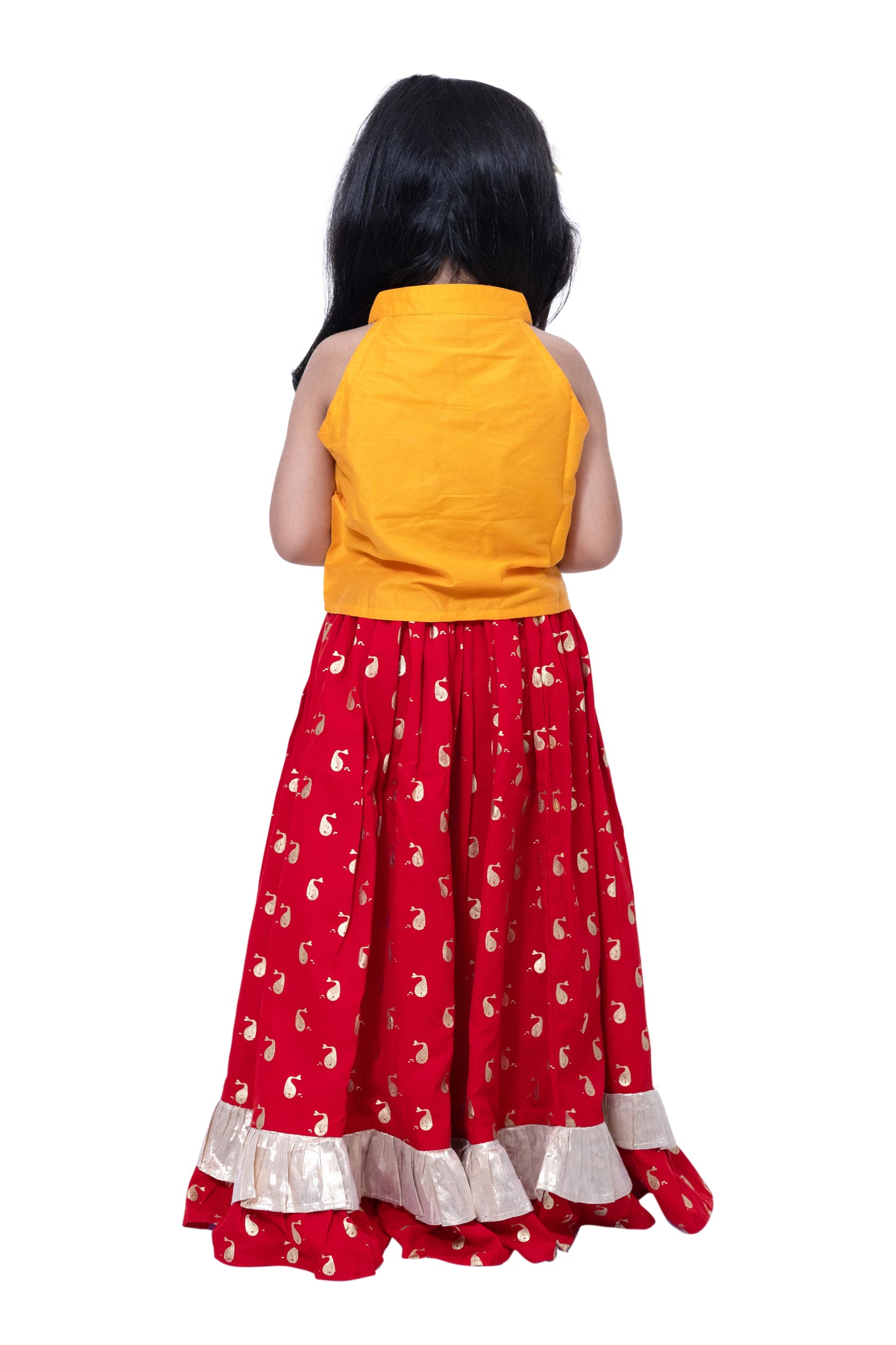Twisha Sleevless Solid Top With Printed Lehenga - Yellow & Red