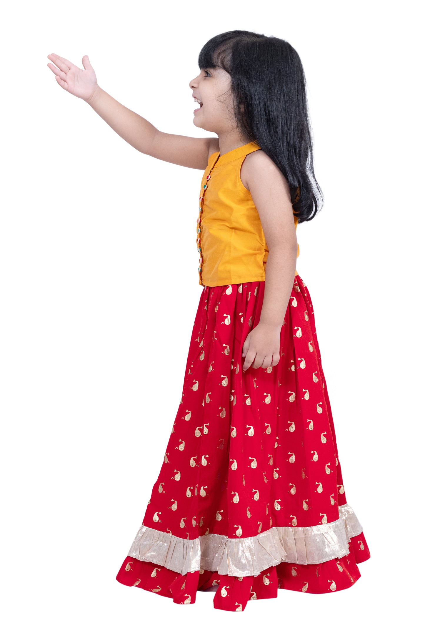 Twisha Sleevless Solid Top With Printed Lehenga - Yellow & Red