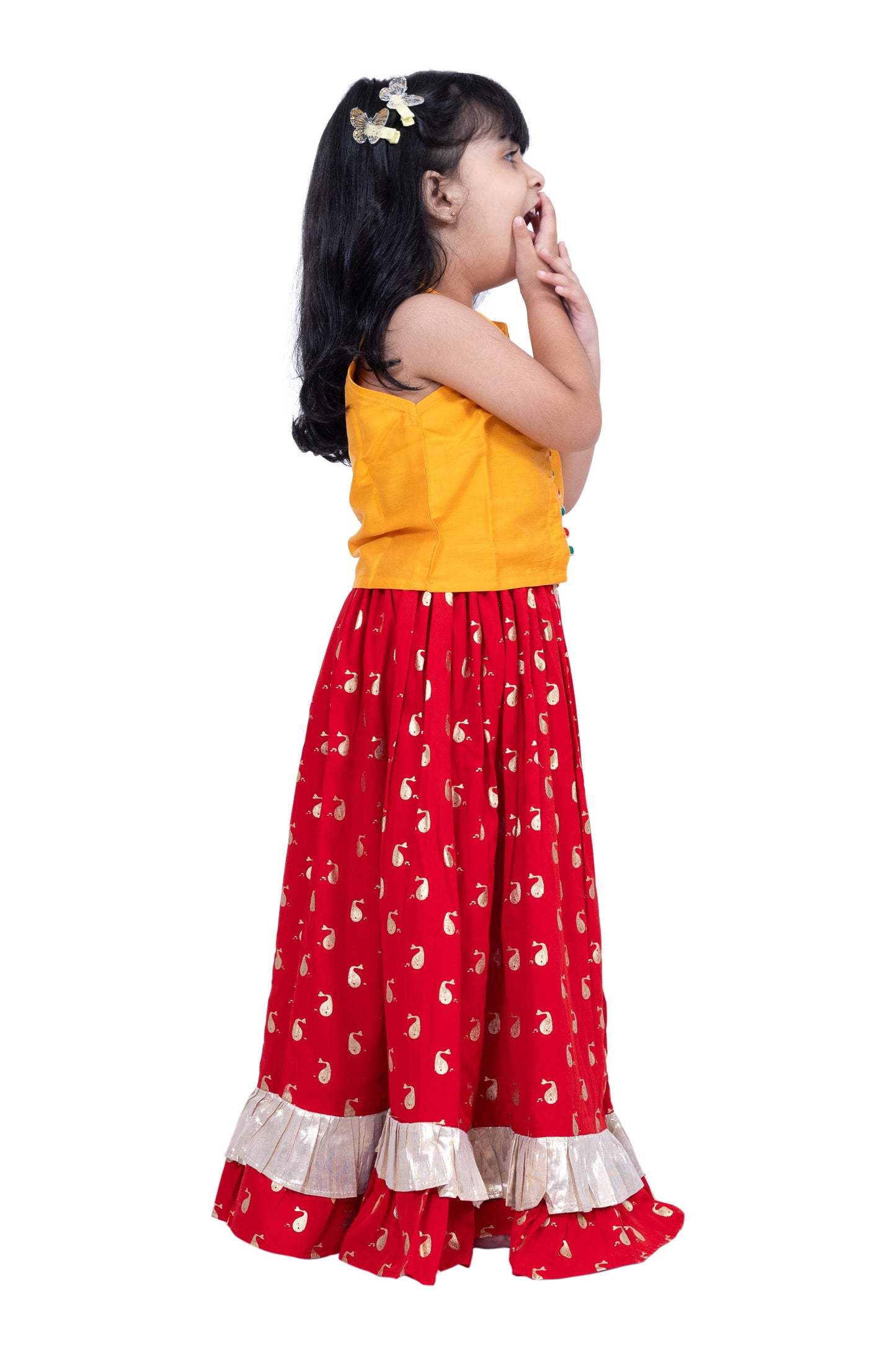 Twisha Sleevless Solid Top With Printed Lehenga - Yellow & Red