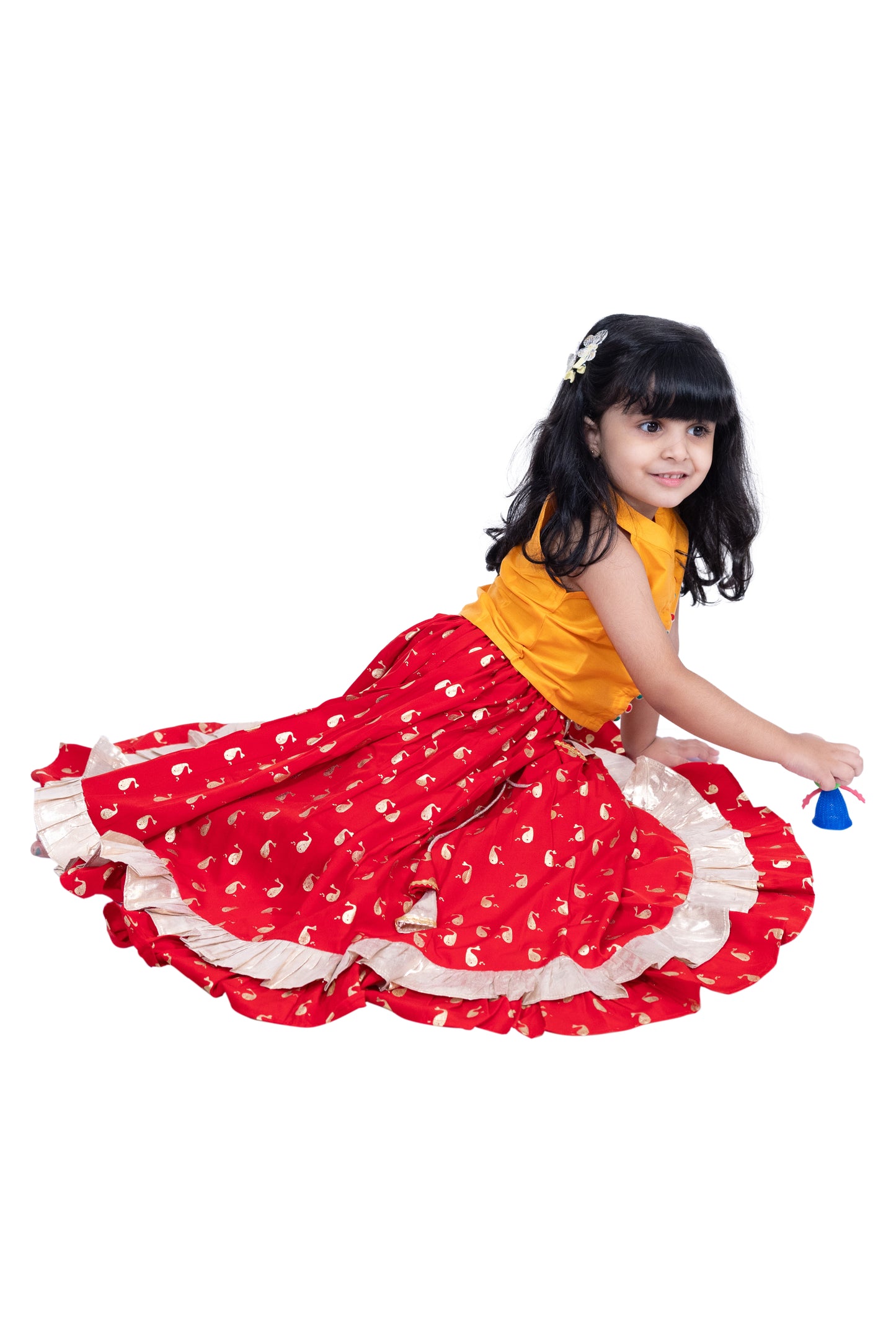 Twisha Sleevless Solid Top With Printed Lehenga - Yellow & Red