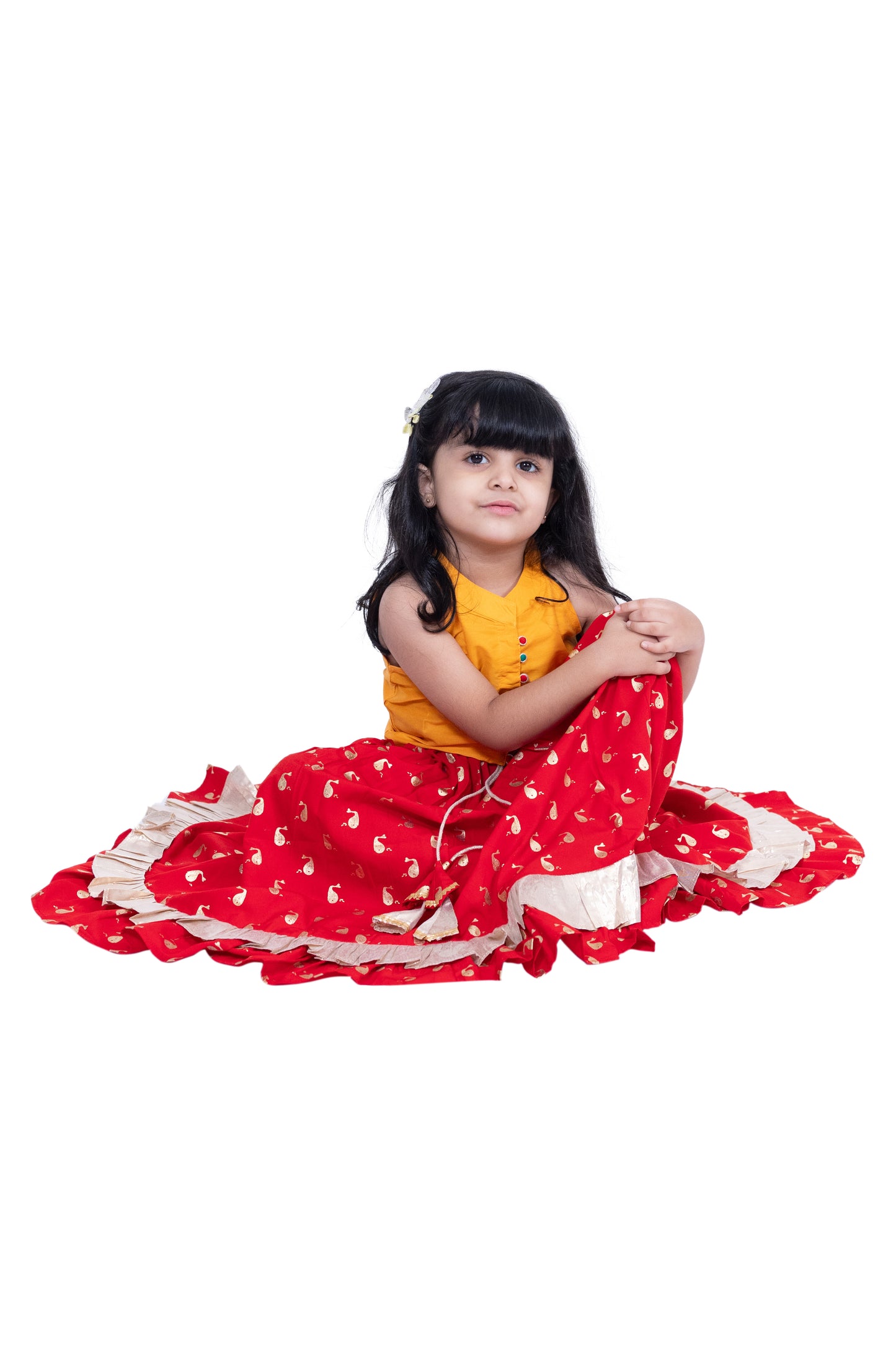 Twisha Sleevless Solid Top With Printed Lehenga - Yellow & Red