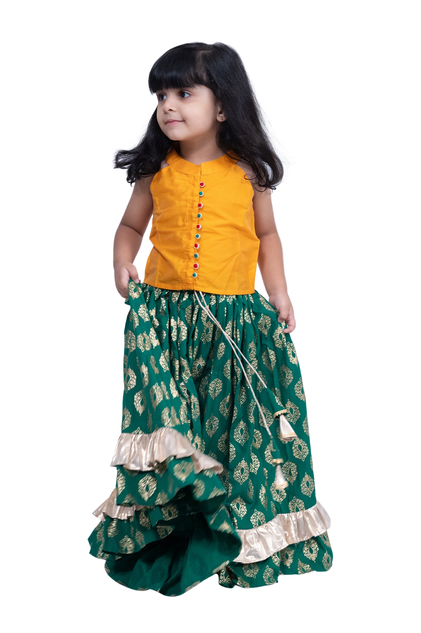 Twisha Sleevless Solid Top With Printed Lehenga - Yellow & Green