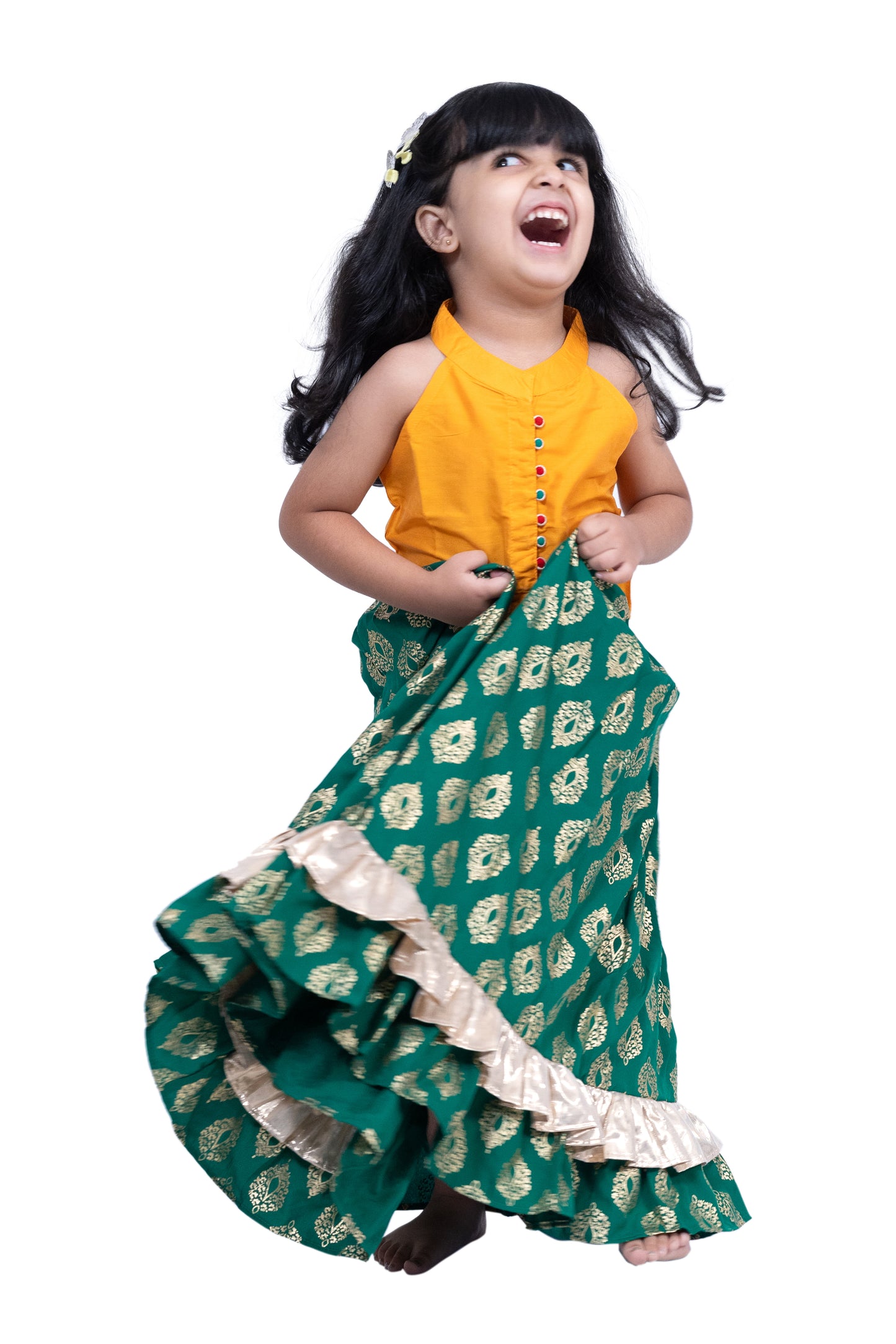 Twisha Sleevless Solid Top With Printed Lehenga - Yellow & Green