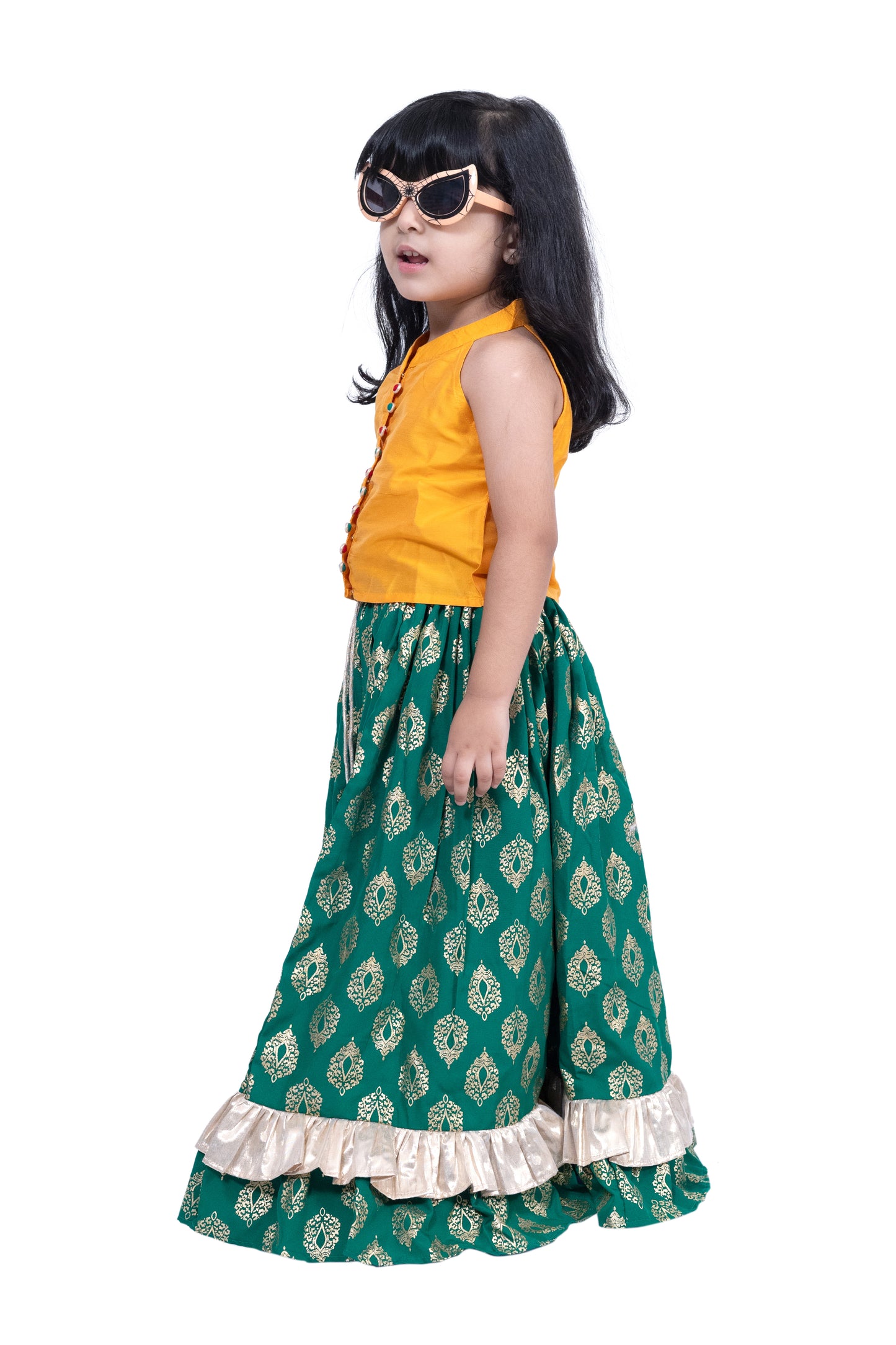 Twisha Sleevless Solid Top With Printed Lehenga - Yellow & Green