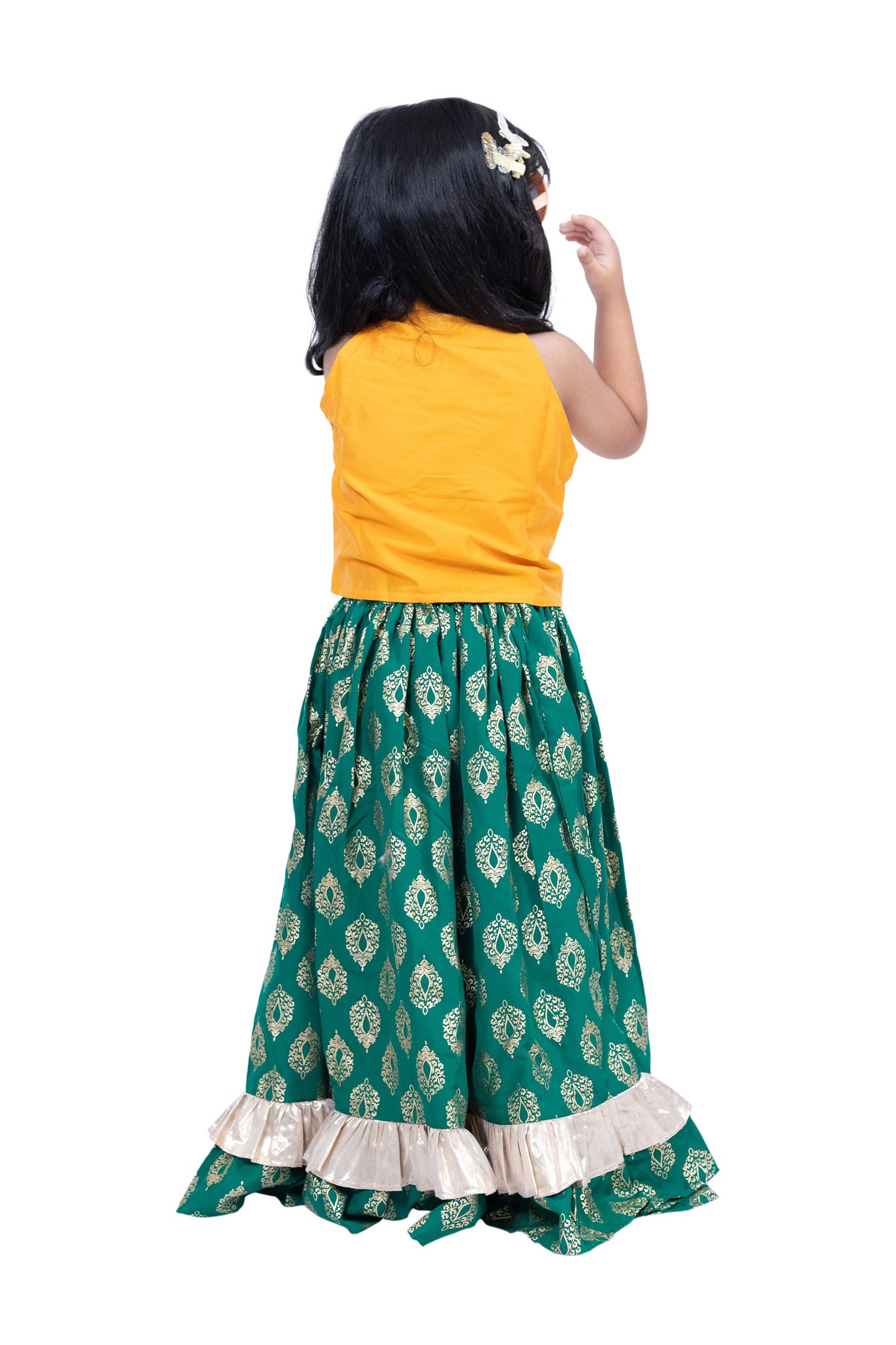 Twisha Sleevless Solid Top With Printed Lehenga - Yellow & Green