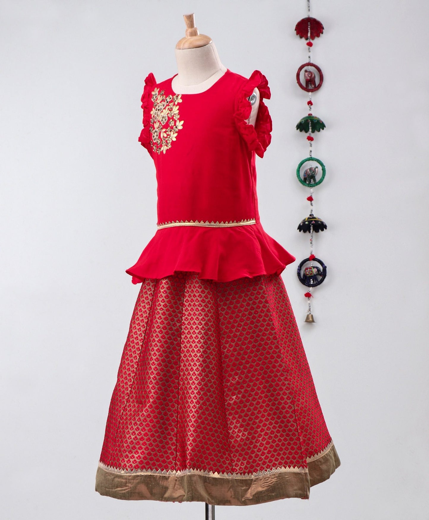 Twisha Girls Jari Embroidered Top With Brocade Ghagra- Red