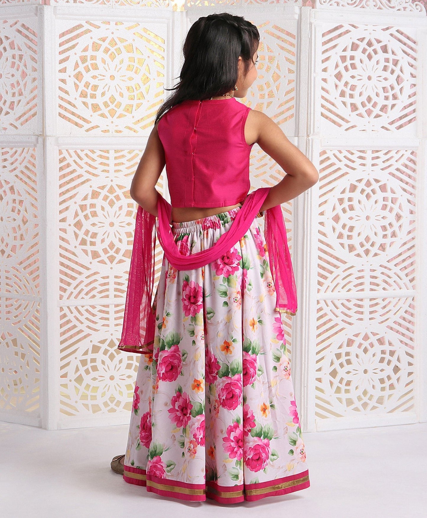 Twisha Girls Embroidered Top With Printed Ghagra- Pink & Off-White