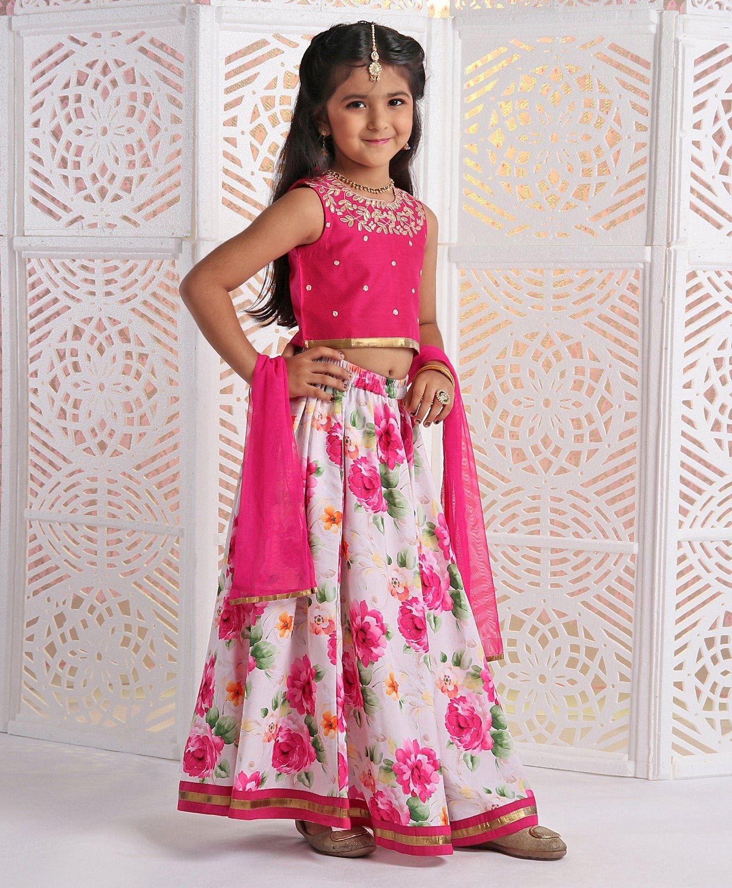 Twisha Girls Embroidered Top With Printed Ghagra- Pink & Off-White