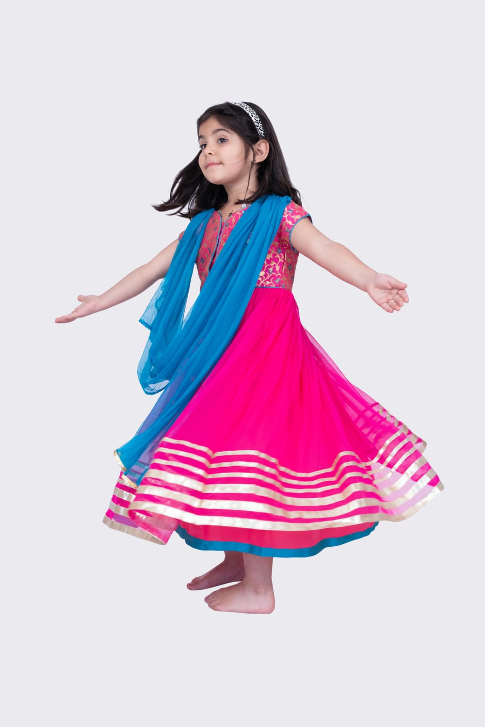 Twisha Girl's Short Sleeves Brocade and Net Gown - Pink