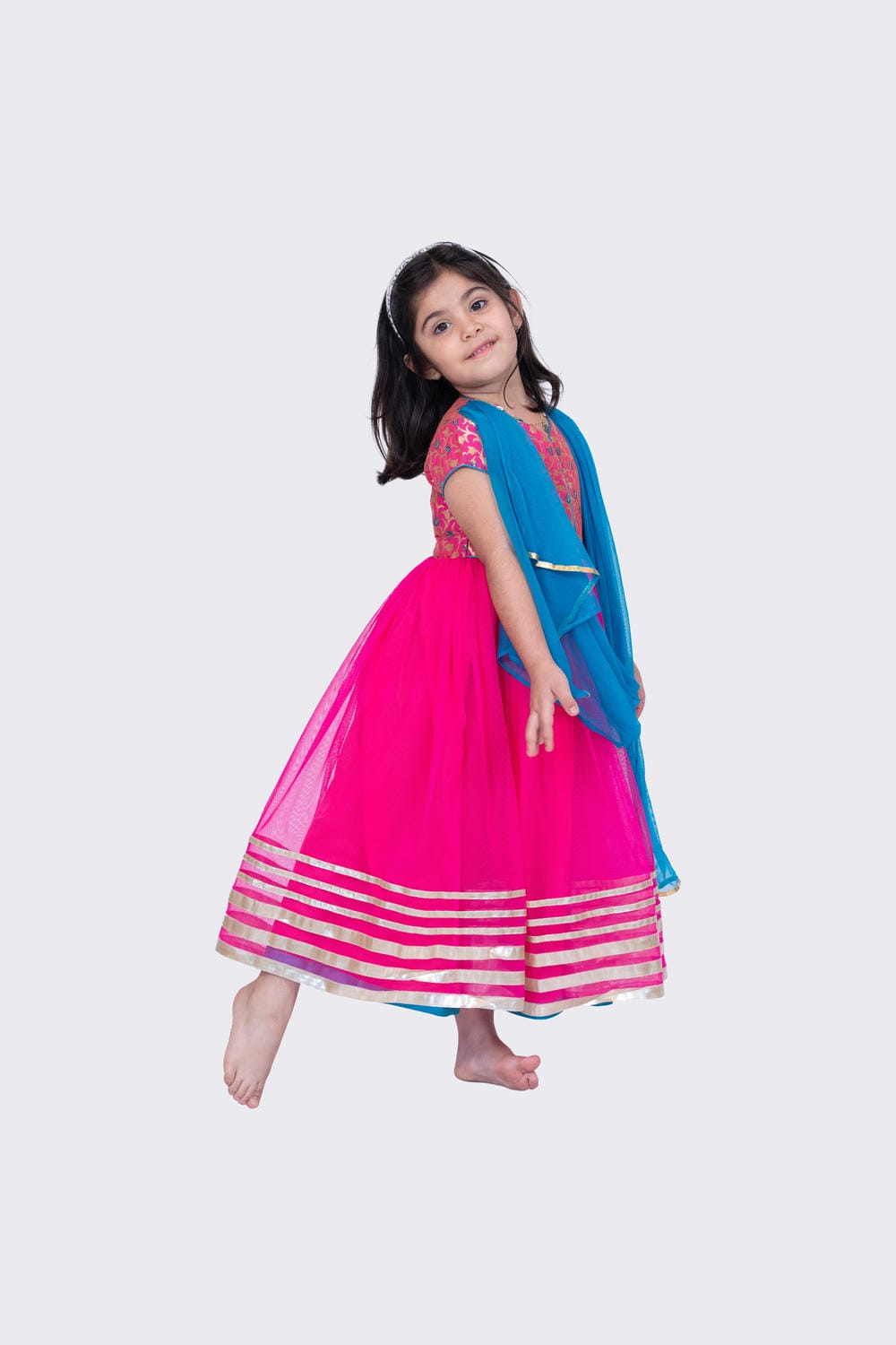 Twisha Girl's Short Sleeves Brocade and Net Gown - Pink