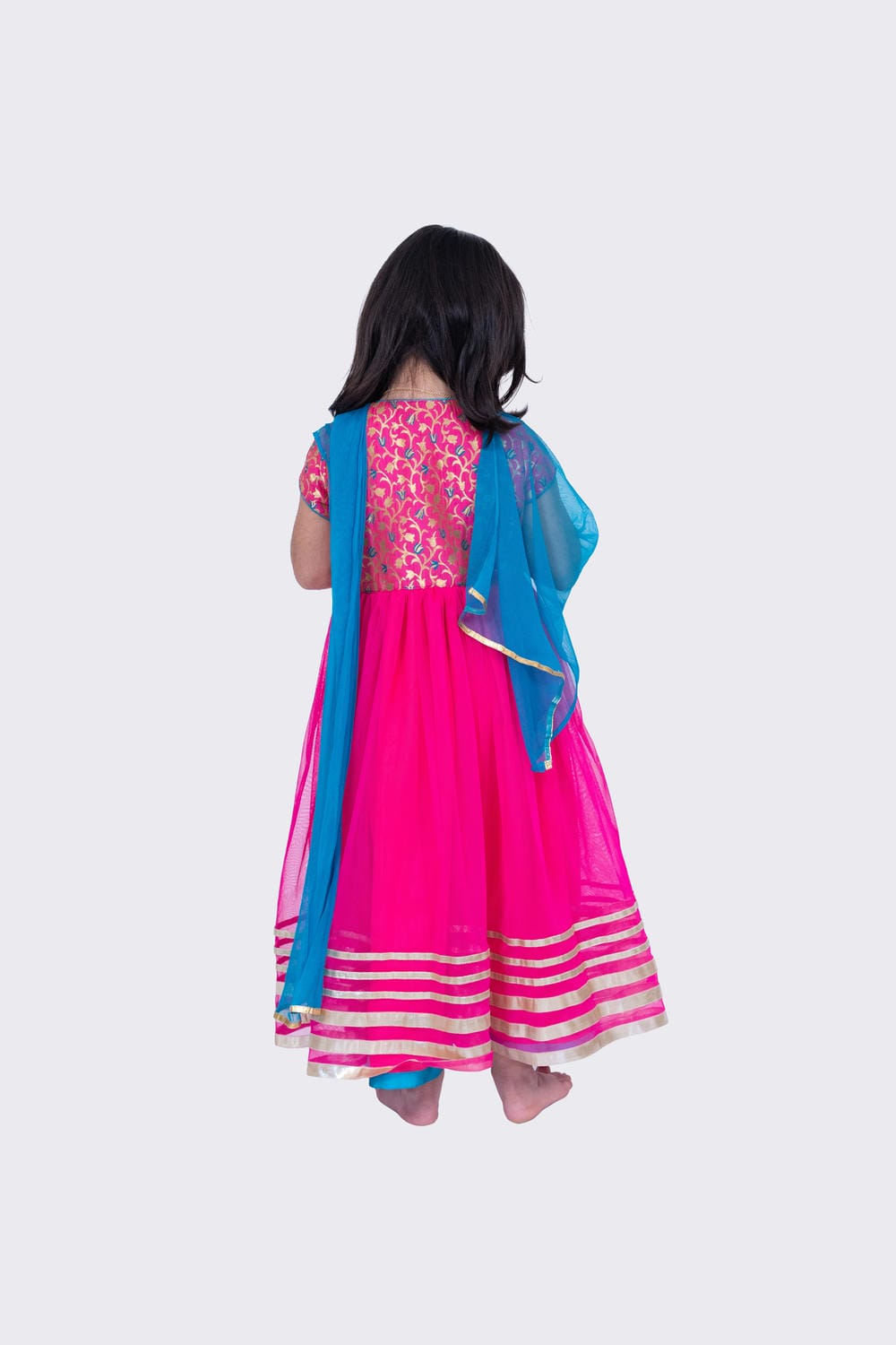 Twisha Girl's Short Sleeves Brocade and Net Gown - Pink