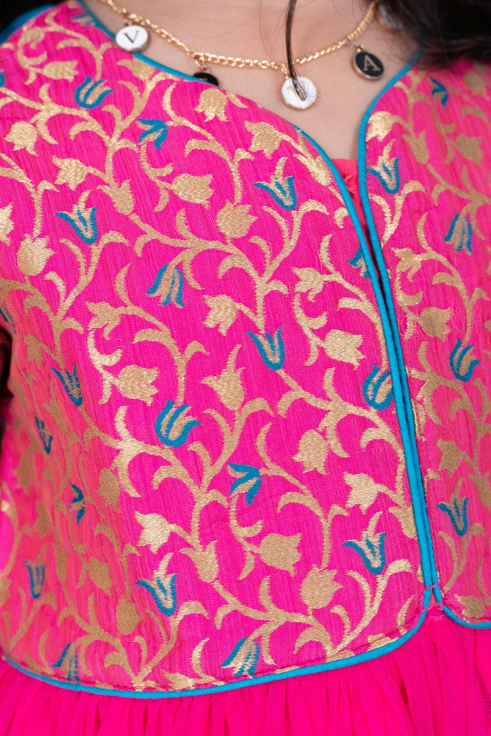 Twisha Girl's Short Sleeves Brocade and Net Gown - Pink
