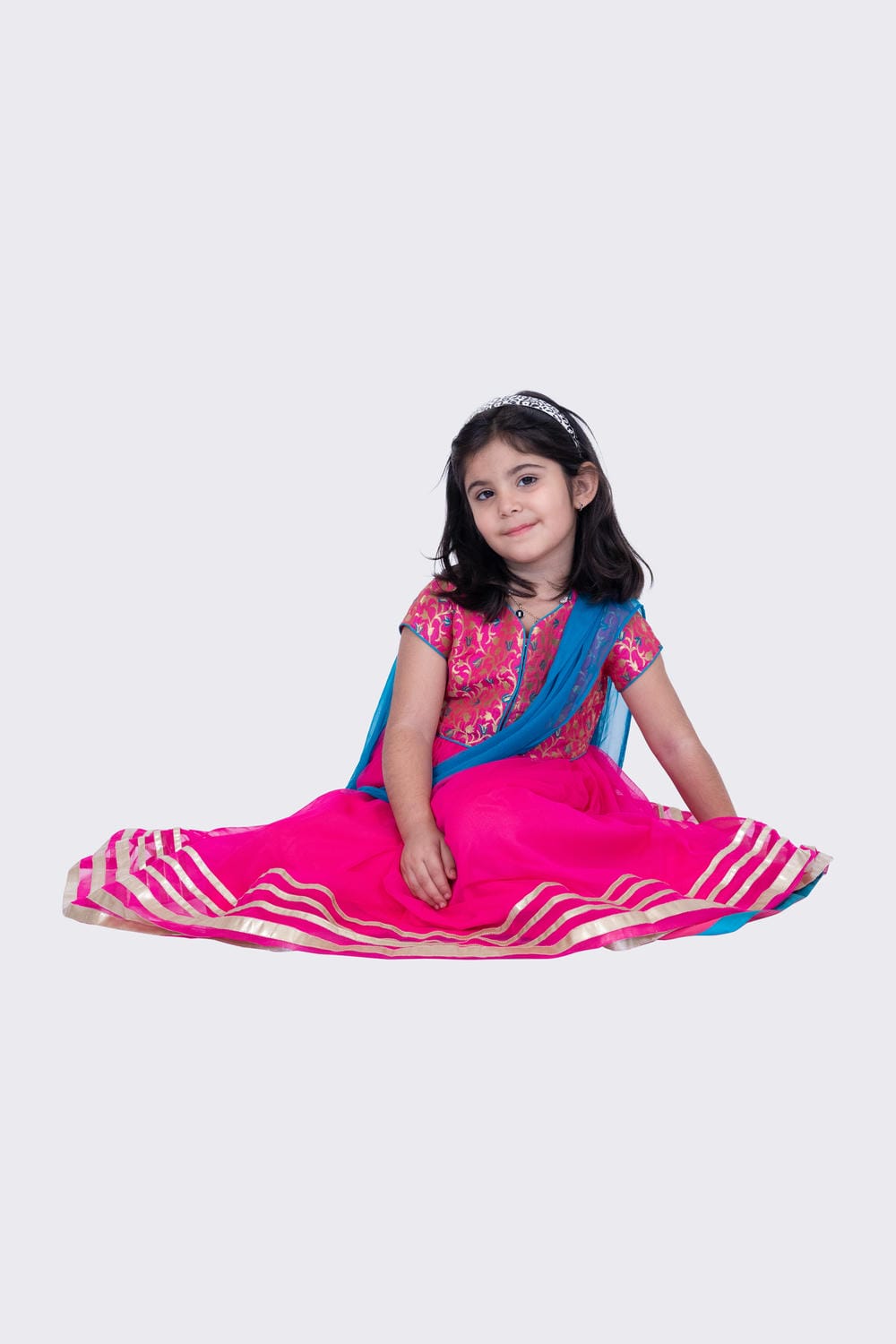 Twisha Girl's Short Sleeves Brocade and Net Gown - Pink