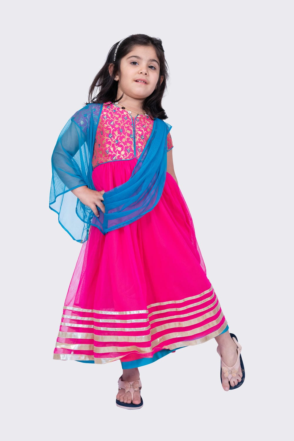 Twisha Girl's Short Sleeves Brocade and Net Gown - Pink