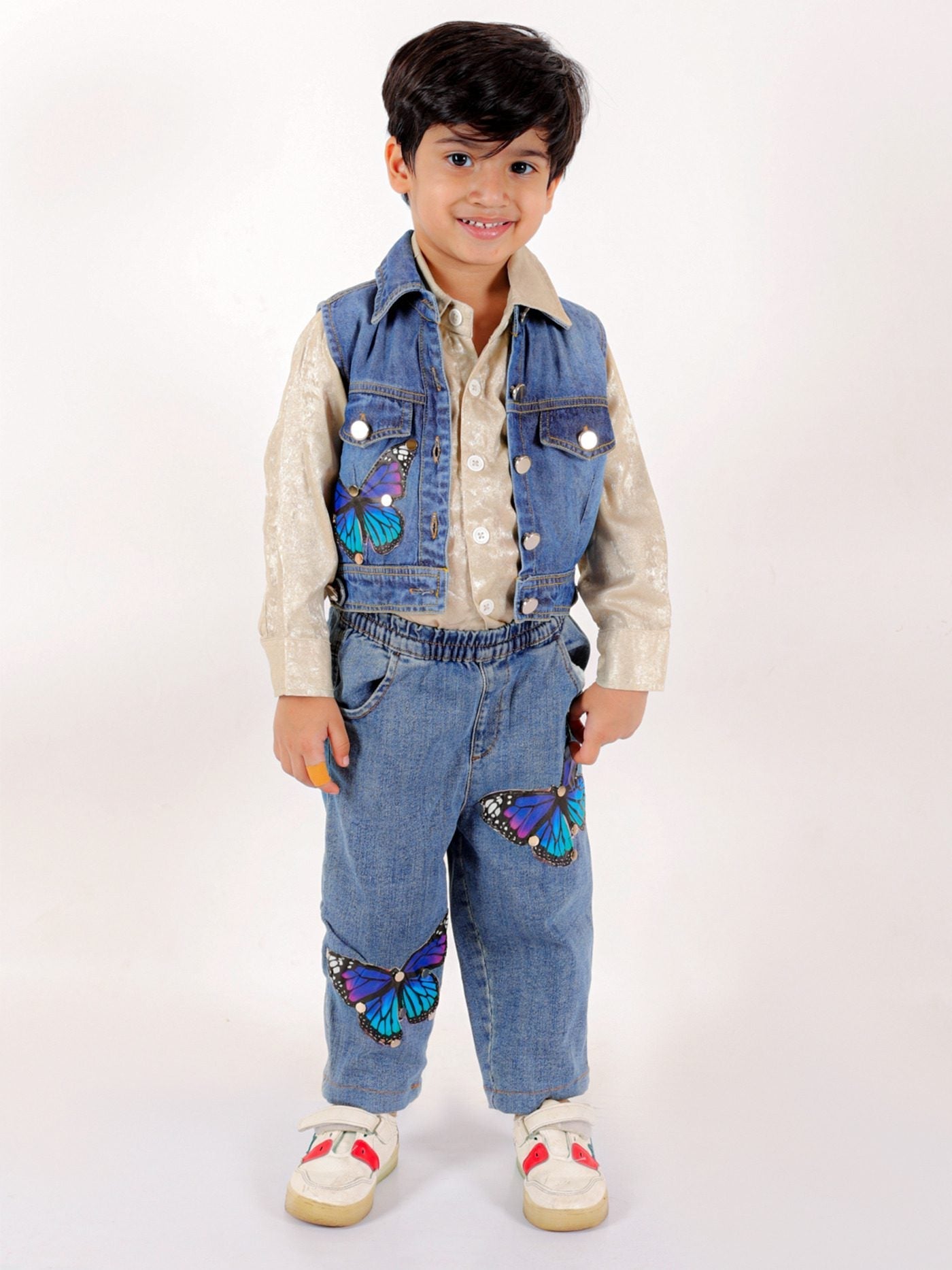 Twisha Boys Long Sleeves Shirt & Denim Jacket With Jeans Embellished With Beautiful Butterfly Appliques - Beige & Blue