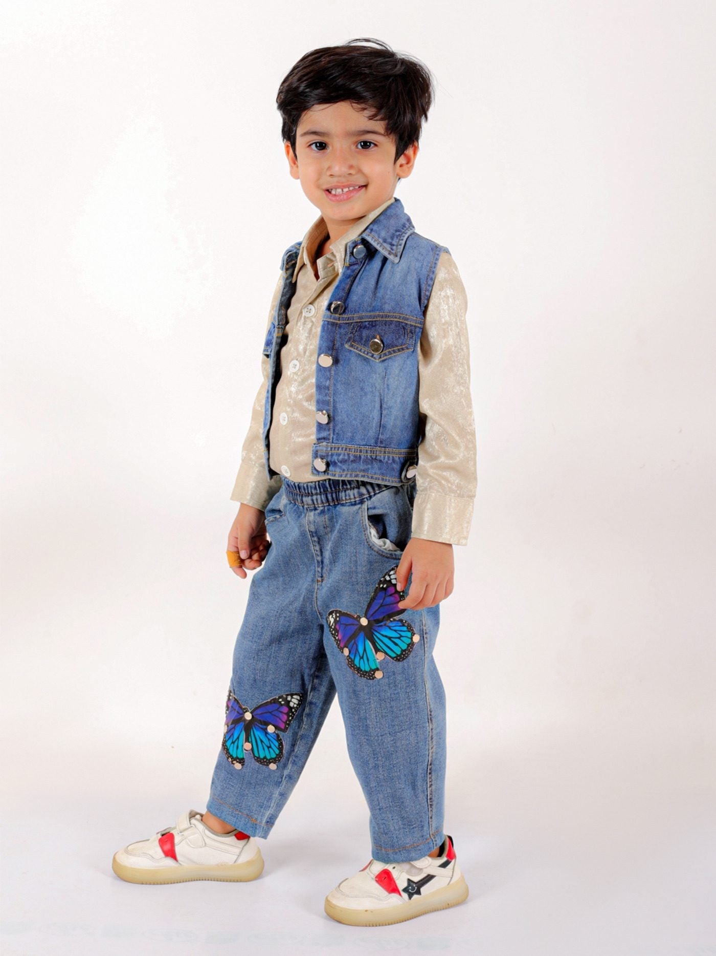 Twisha Boys Long Sleeves Shirt & Denim Jacket With Jeans Embellished With Beautiful Butterfly Appliques - Beige & Blue