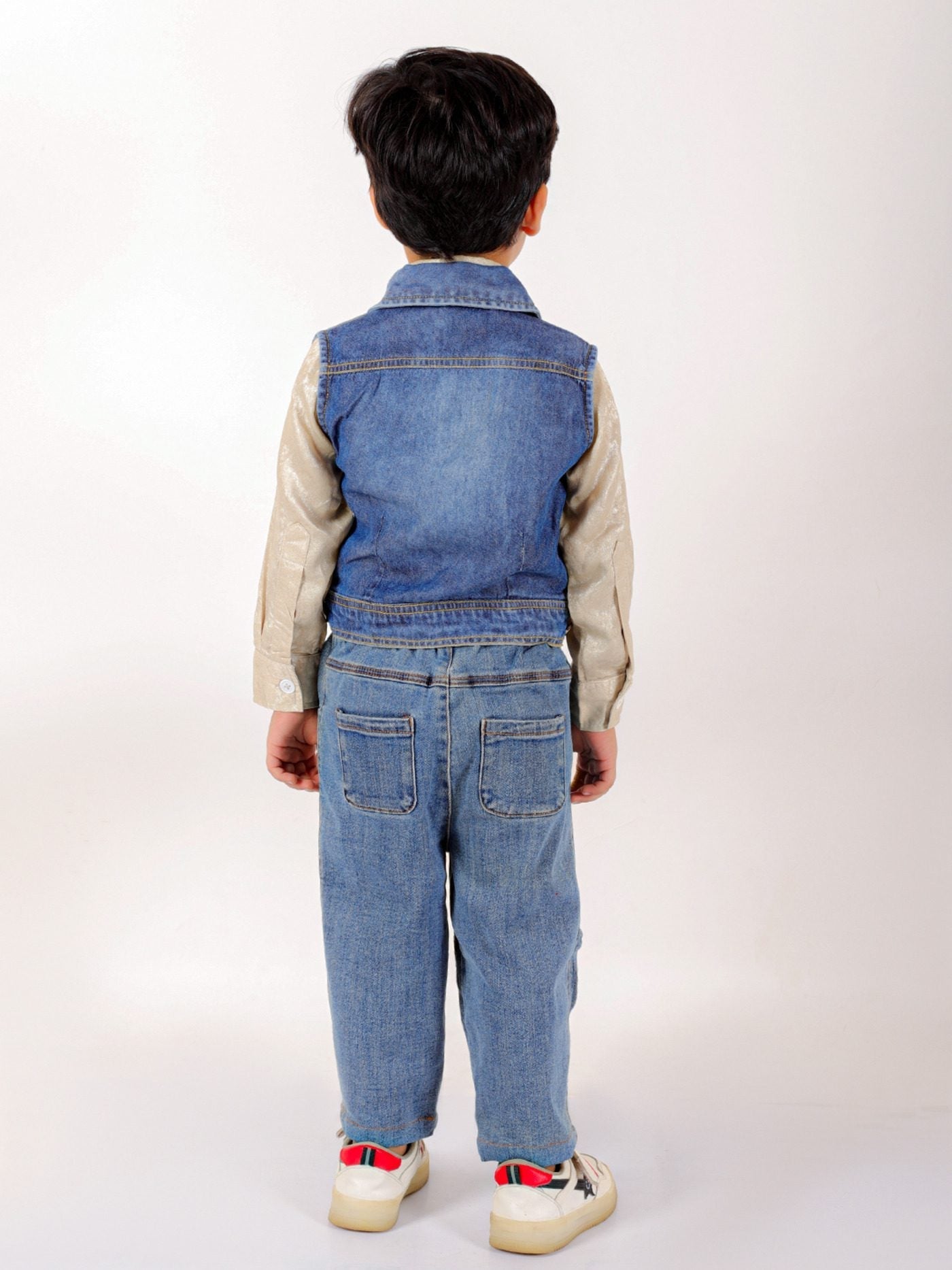 Twisha Boys Long Sleeves Shirt & Denim Jacket With Jeans Embellished With Beautiful Butterfly Appliques - Beige & Blue