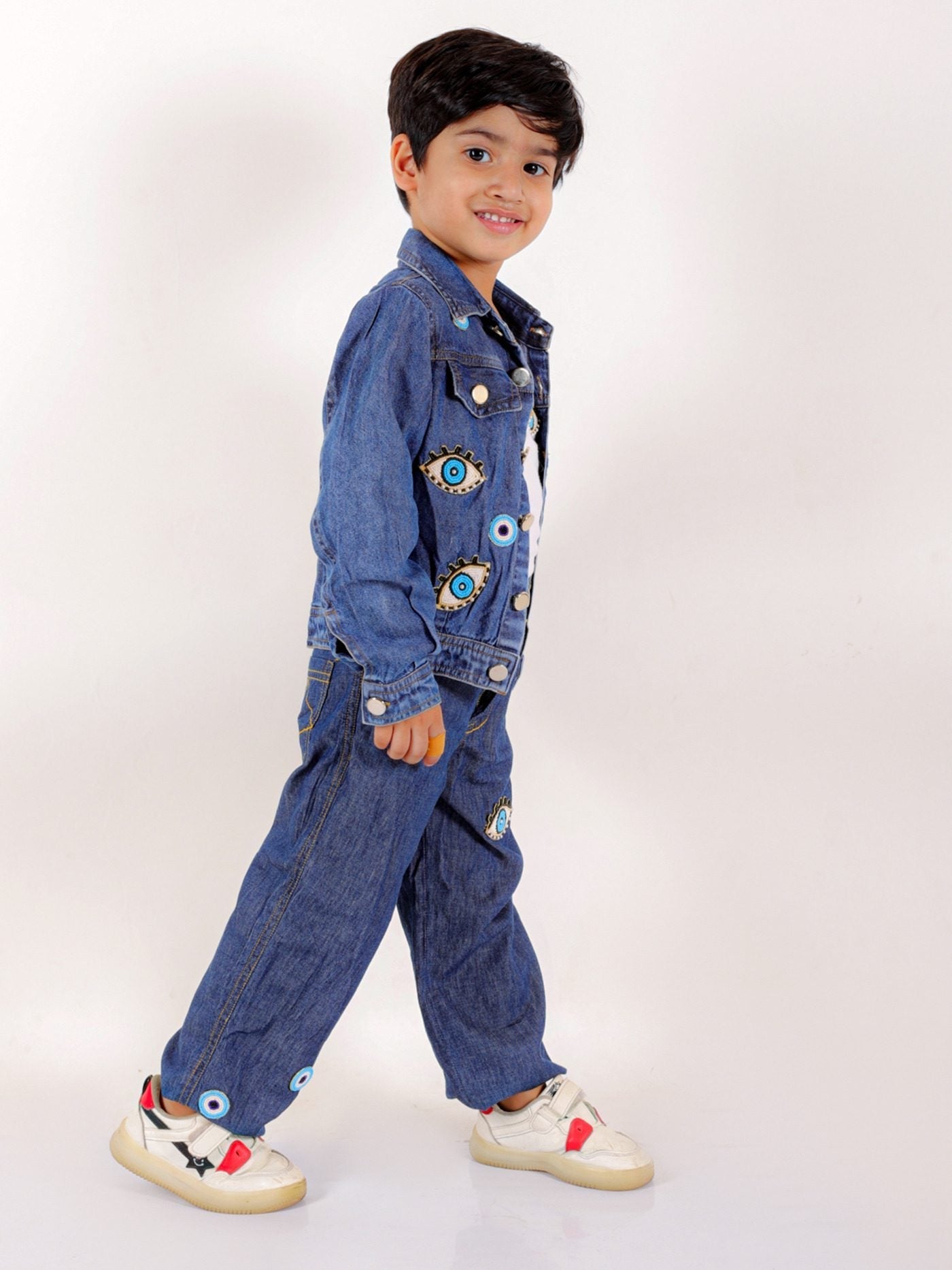 Twisha Boys Long Sleeves Denim Jacket & Jeans Embellished With Evil Eye Appliques - Blue