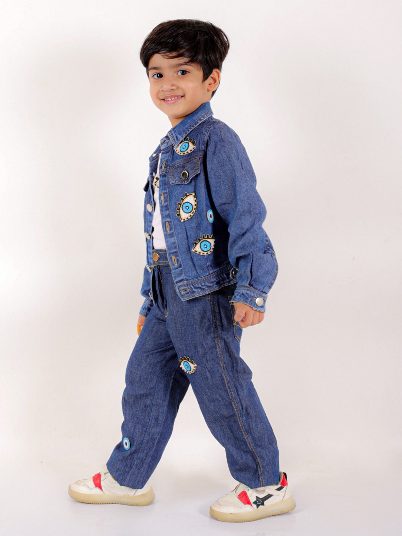 Twisha Boys Long Sleeves Denim Jacket & Jeans Embellished With Evil Eye Appliques - Blue