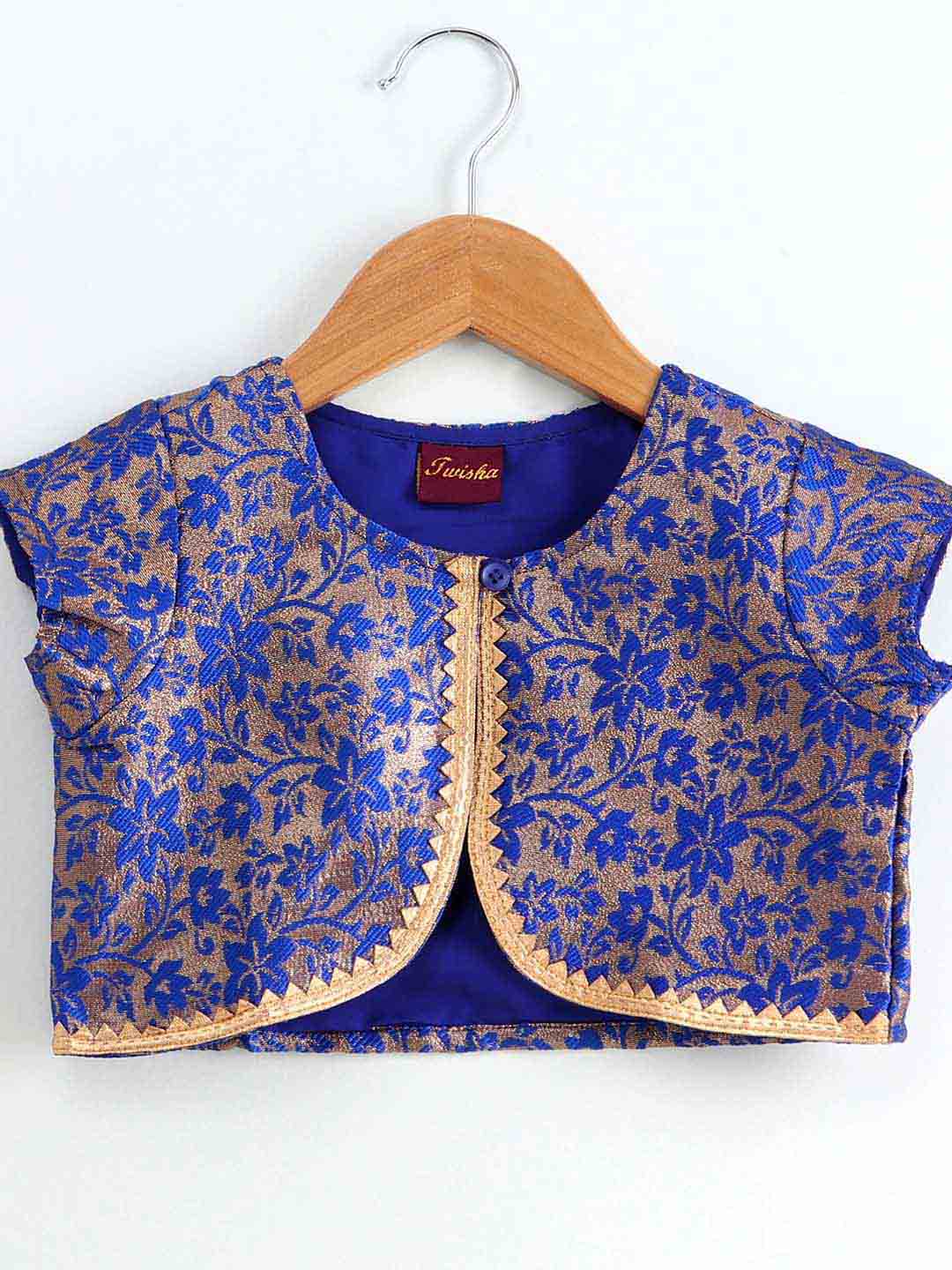 Girls Jumpsuit With Brocade Jacket - Blue & Pink