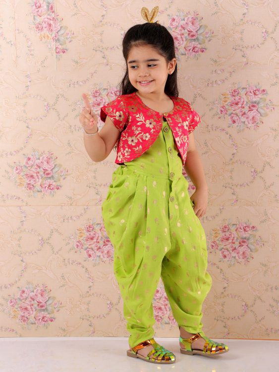 Twisha Dhoti Style Whale Print Jumpsuit With Brocade Jacket-Pink-Green