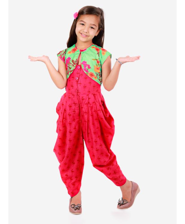 Twisha Dhoti Style Jumpsuit With Floral Jacket-Pink-Green