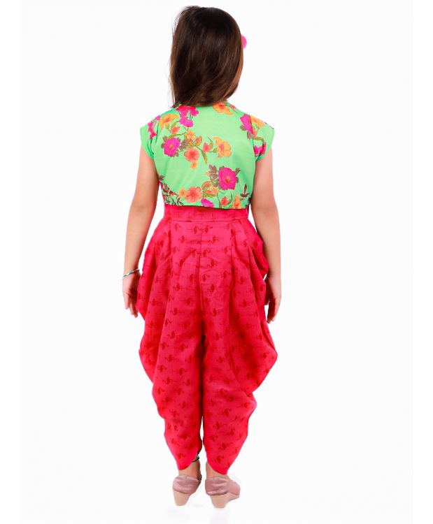 Twisha Dhoti Style Jumpsuit With Floral Jacket-Pink-Green