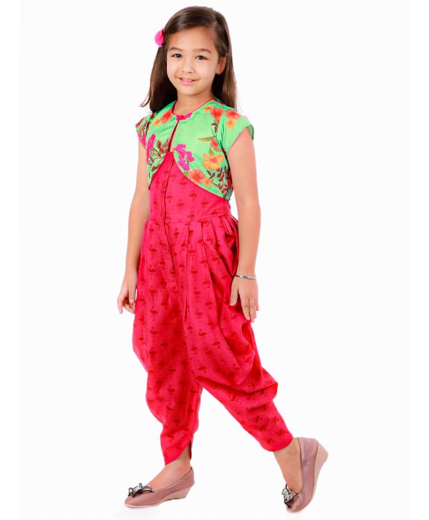 Twisha Dhoti Style Jumpsuit With Floral Jacket-Pink-Green