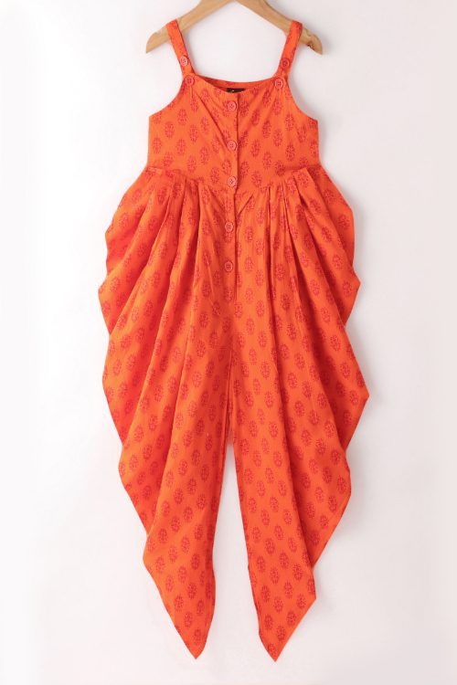 Twisha Girls Fusion Wear Jumpsuit With Floral Printed Shrug - Orange