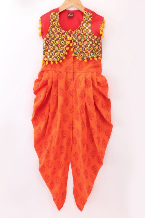 Twisha Girls Sleeveless All Over butta Motif Print Dhoti Style Jumpsuit With Sleeves Embroidered Jacket- orange & Red