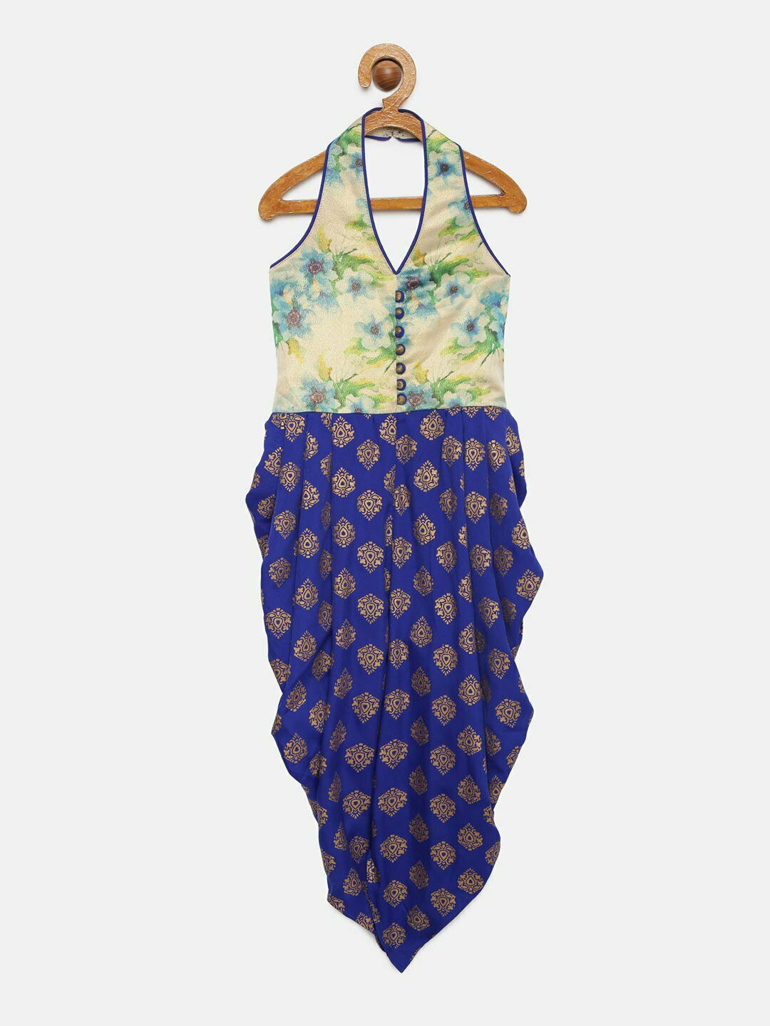 Halter Neck Floral Digital Print Yoke With Gold Printed Dhoti Jumpsuit - Blue