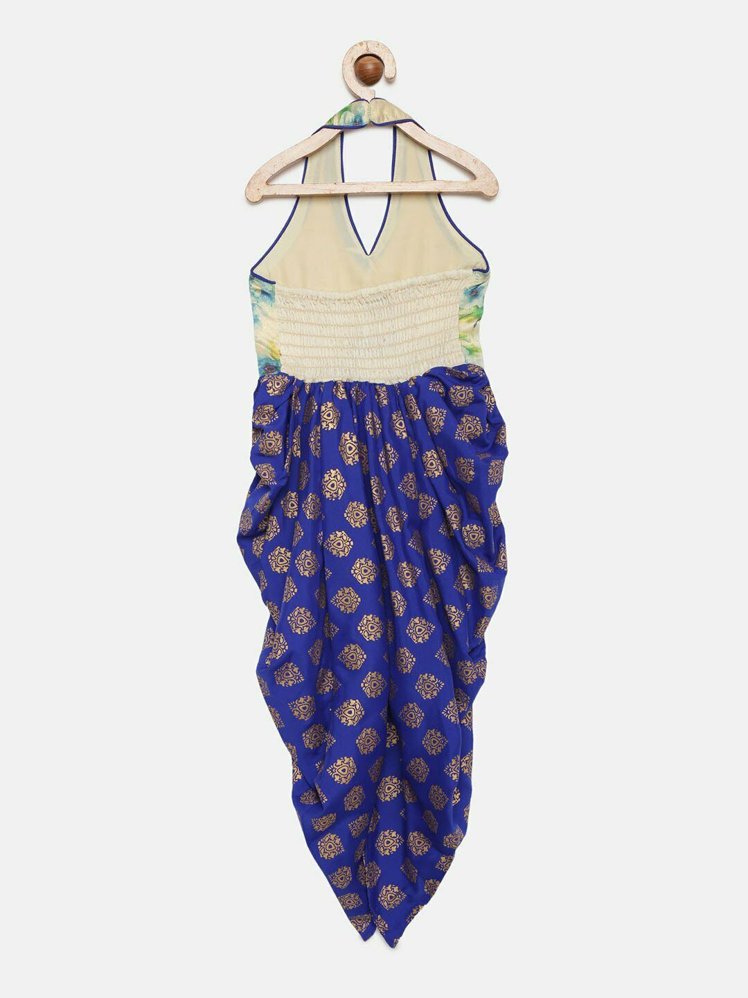 Halter Neck Floral Digital Print Yoke With Gold Printed Dhoti Jumpsuit - Blue