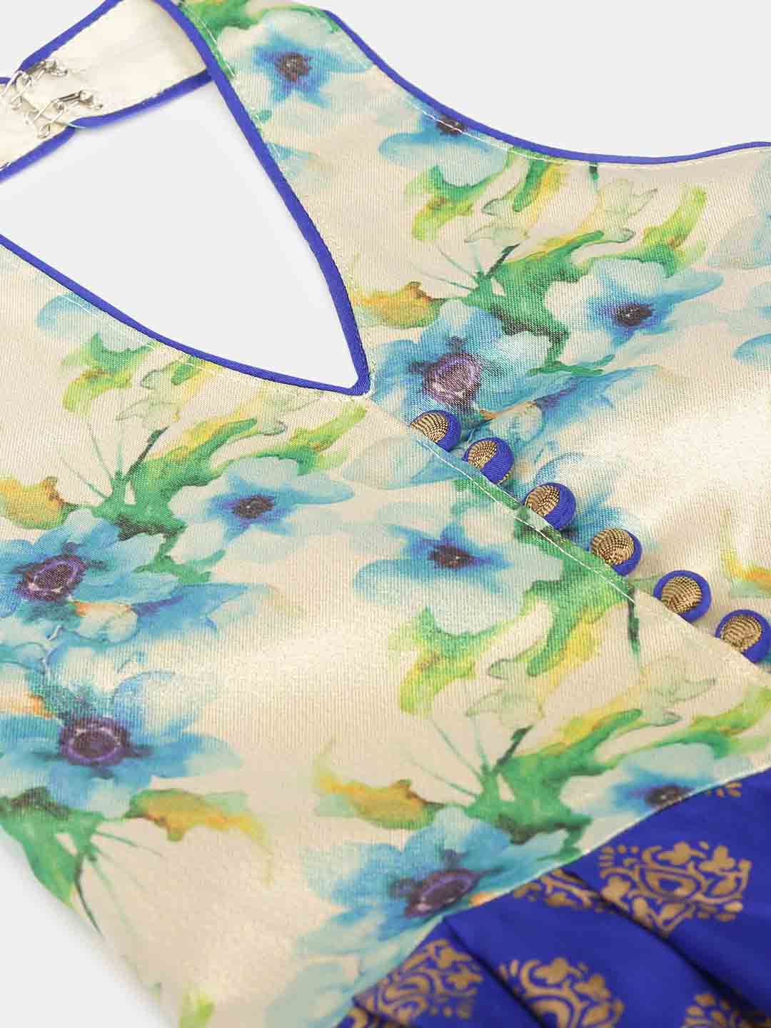 Halter Neck Floral Digital Print Yoke With Gold Printed Dhoti Jumpsuit - Blue