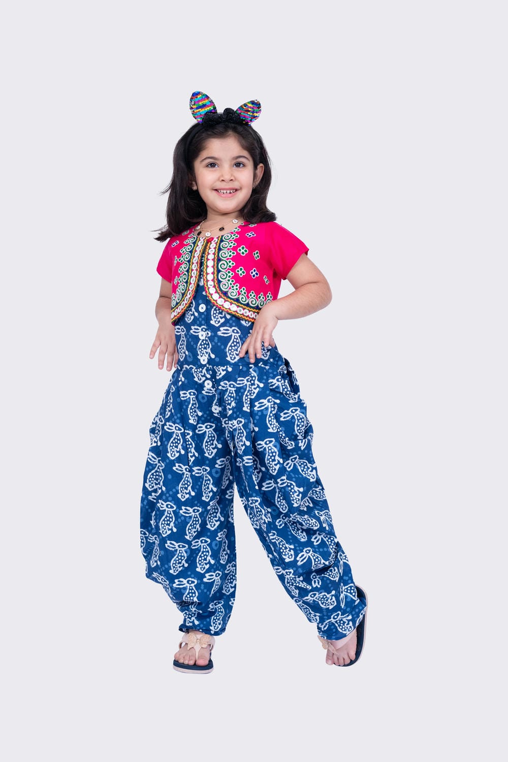 Twisha Girl's Short Sleeves Cotton Rabbit Printed Jumpsuit and Ariwork Jacket - Indigo & Pink