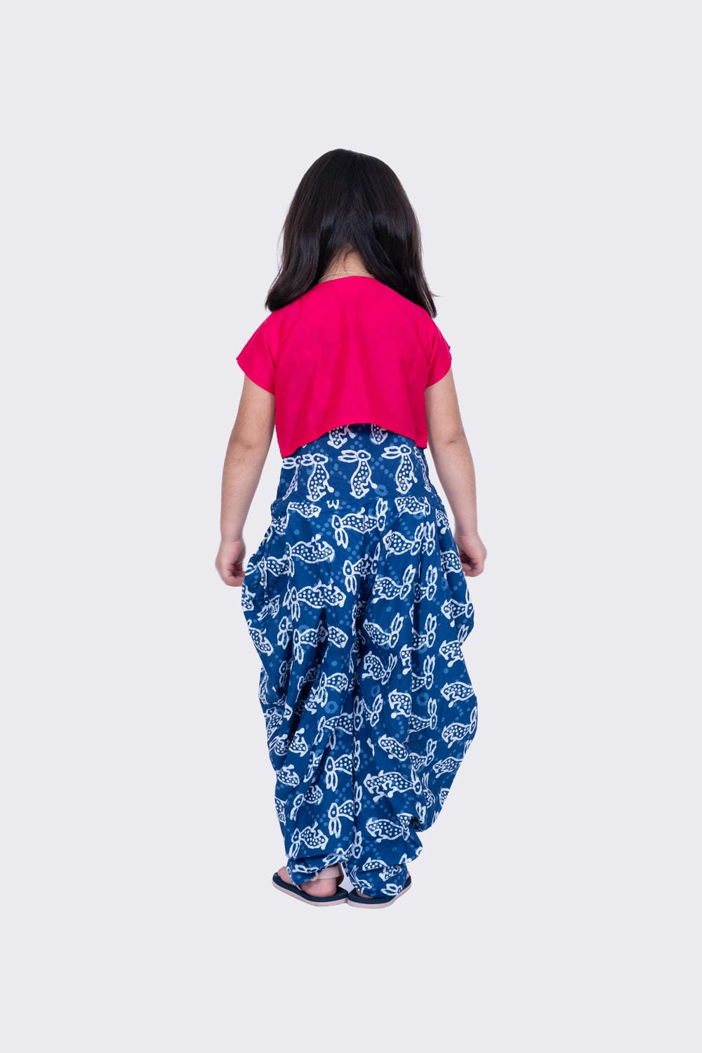 Twisha Girl's Short Sleeves Cotton Rabbit Printed Jumpsuit and Ariwork Jacket - Indigo & Pink