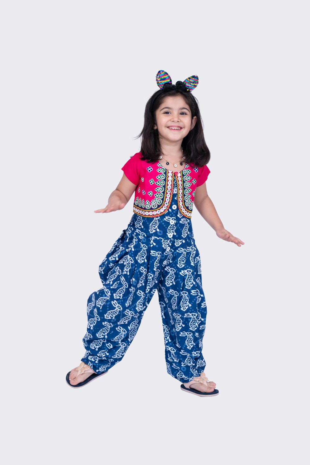 Twisha Girl's Short Sleeves Cotton Rabbit Printed Jumpsuit and Ariwork Jacket - Indigo & Pink