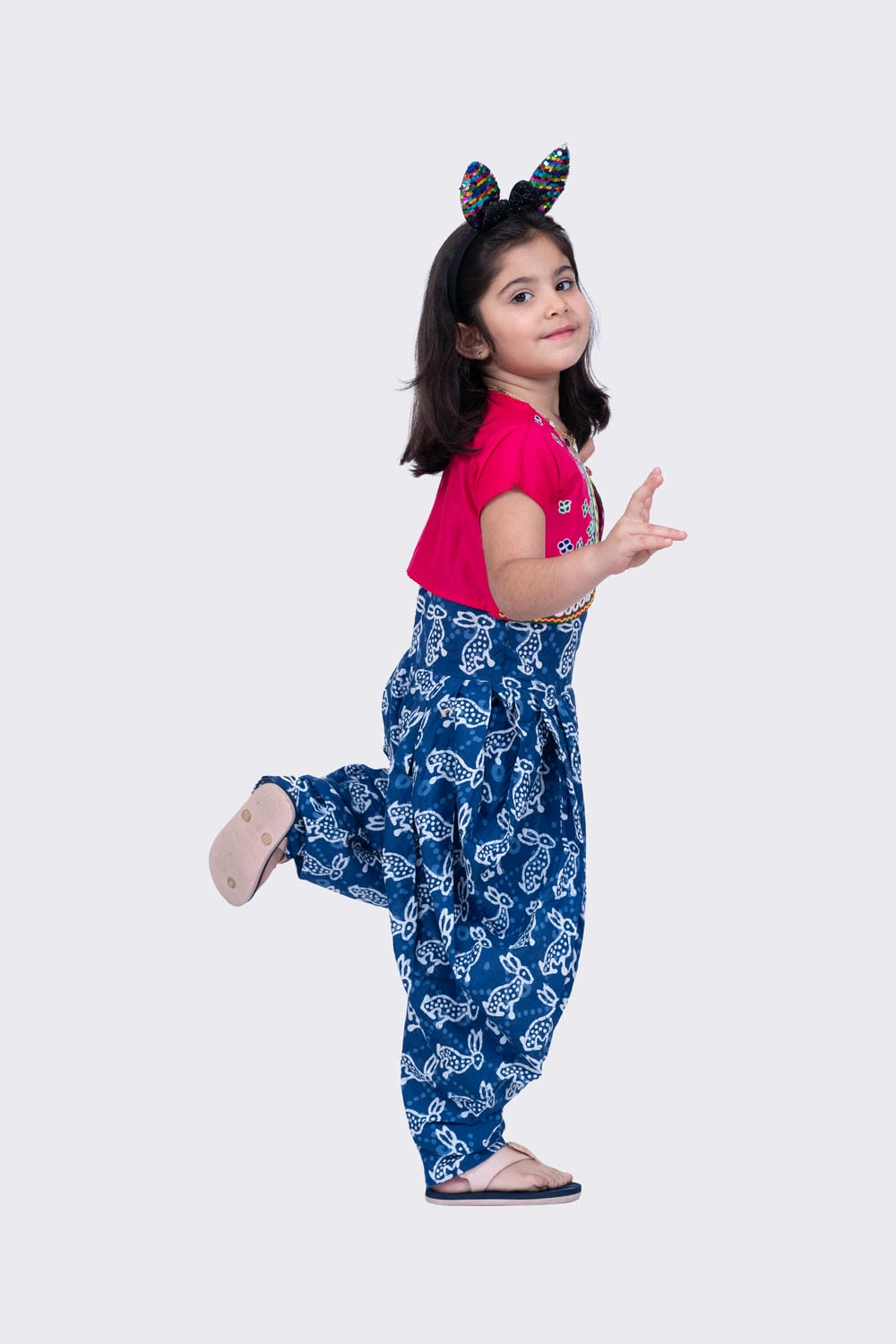 Twisha Girl's Short Sleeves Cotton Rabbit Printed Jumpsuit and Ariwork Jacket - Indigo & Pink