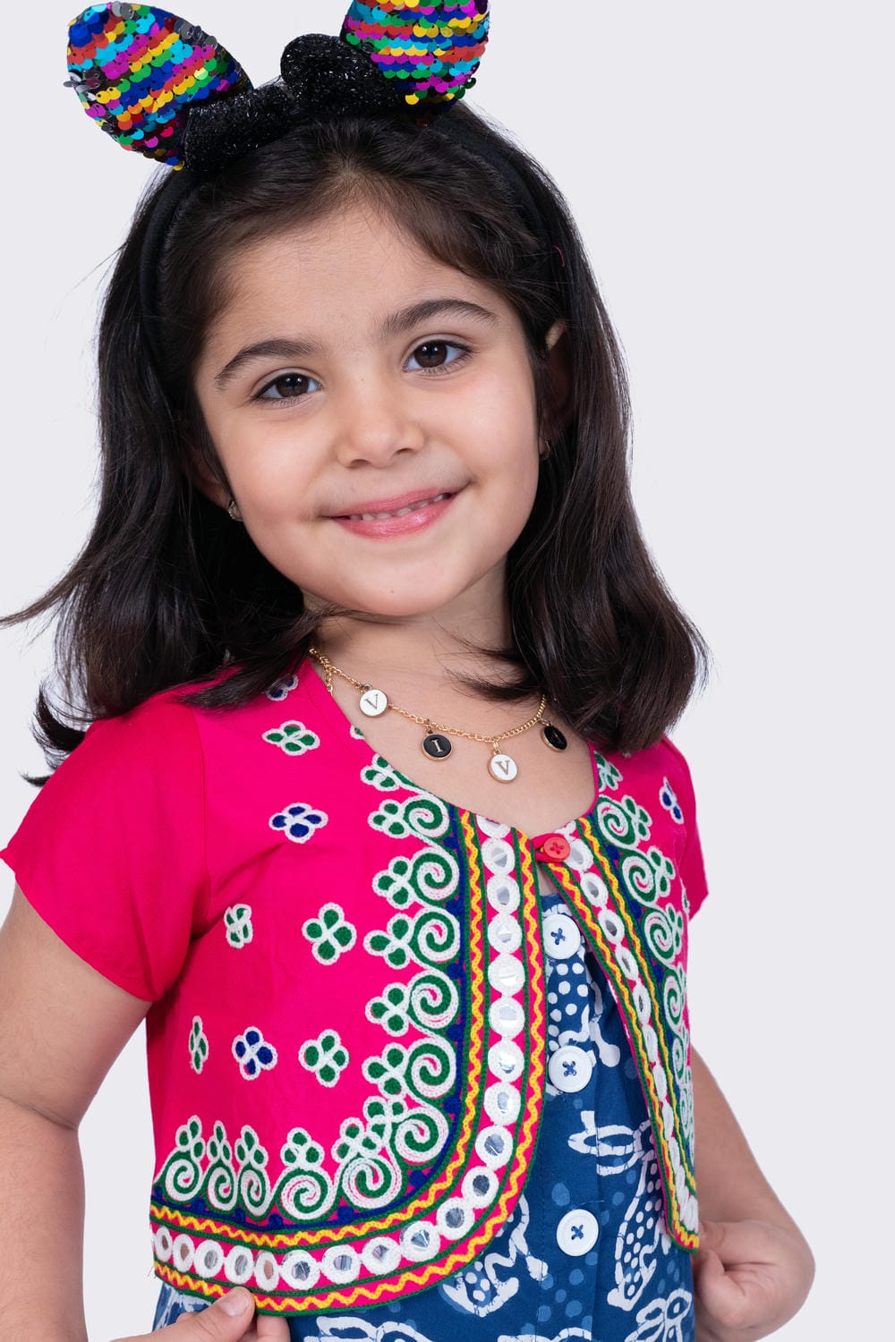 Twisha Girl's Short Sleeves Cotton Rabbit Printed Jumpsuit and Ariwork Jacket - Indigo & Pink