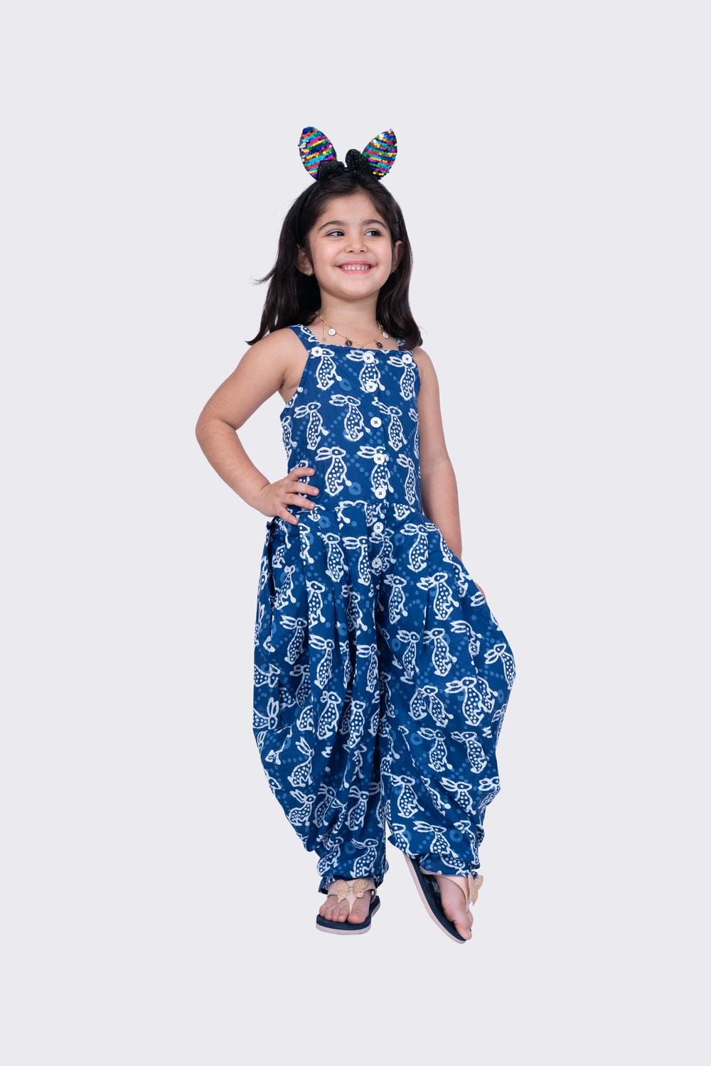Twisha Girl's Short Sleeves Cotton Rabbit Printed Jumpsuit and Ariwork Jacket - Indigo & Pink