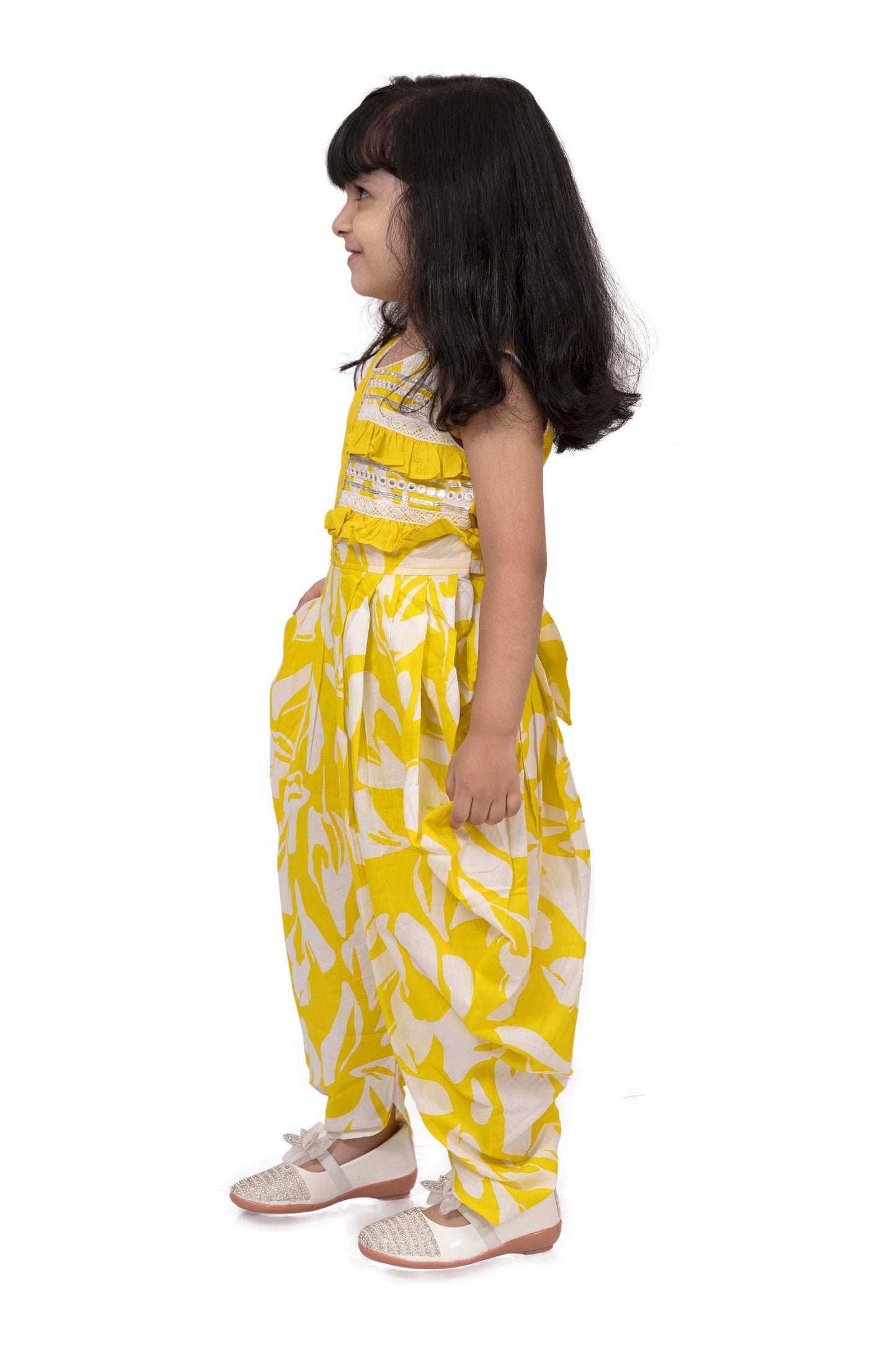 Twisha Cotton Sleeveless Embellished Jumpsuit - Yellow & White